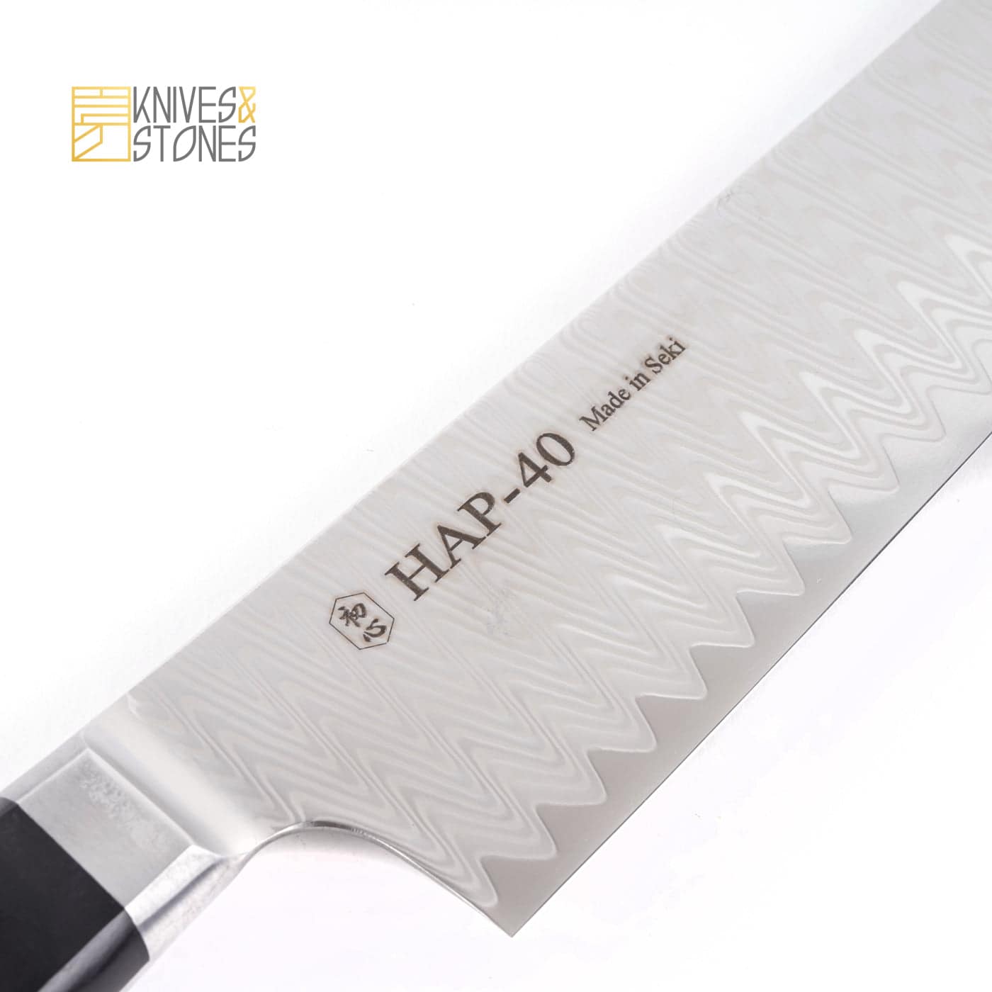 HAP40DamascusGyuto210mmf.jpg Hatsukokoro Hayabusa HAP-40 Damascus Gyuto 210/240 mm with Western Handle, view 3