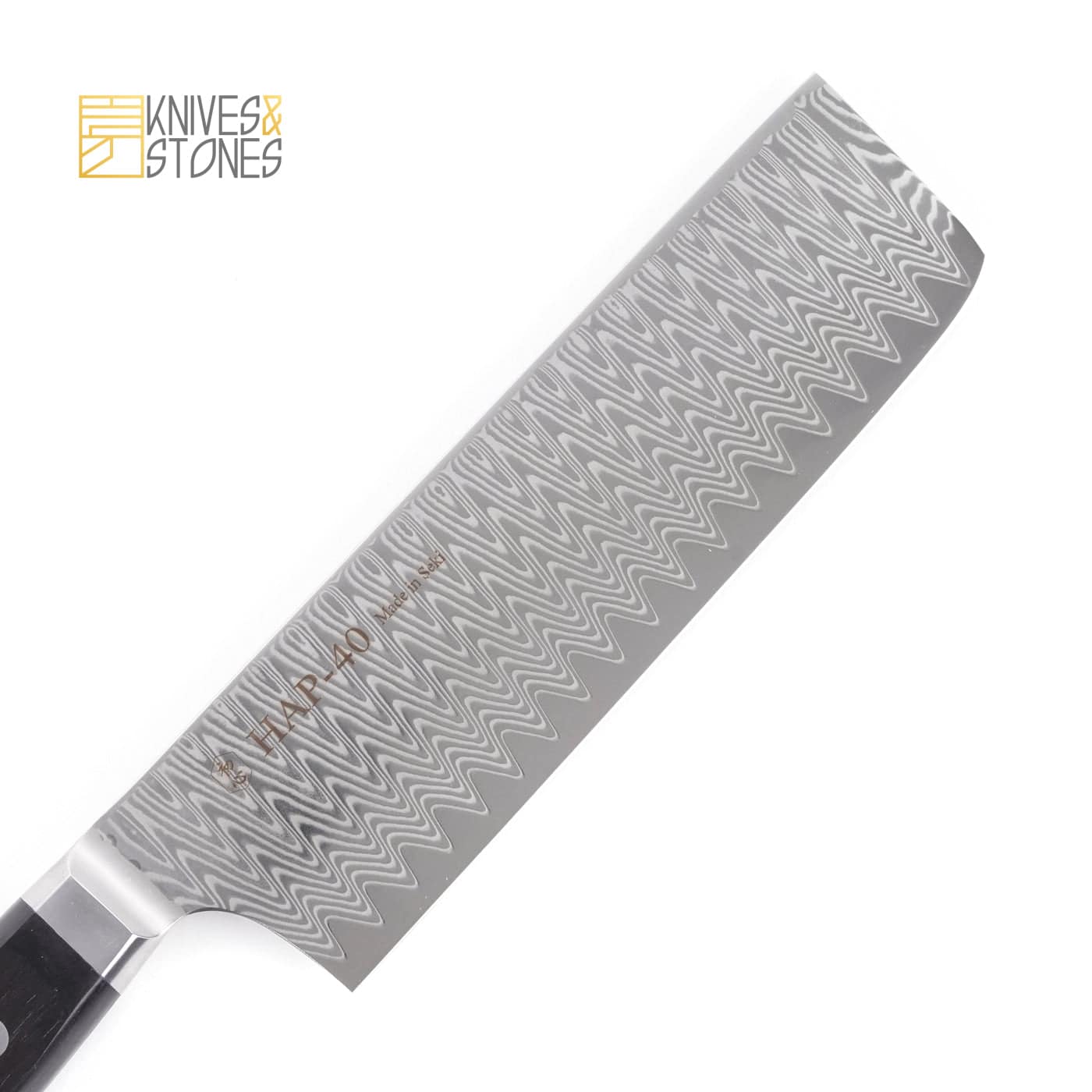 HAP40DamascusNakiri180mmb.jpg Hatsukokoro Hayabusa HAP-40 Damascus Nakiri 165 mm with Western Handle, view 2