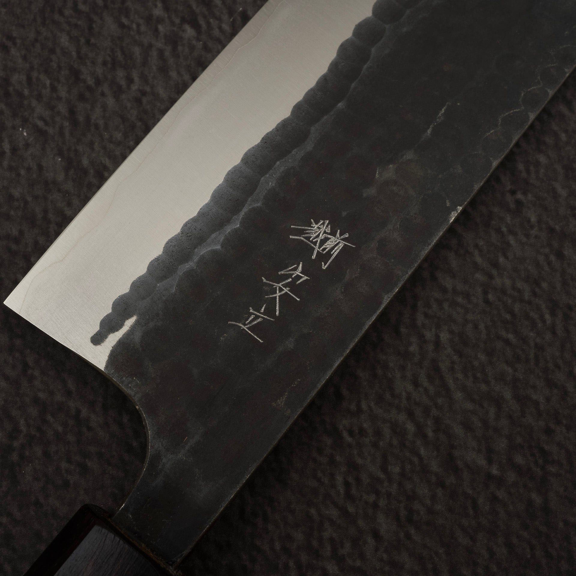 AnryuAogamiSuperHammeredKurouchiNakiri165mmEbonyHandleg1.jpg Anryu Aogami Super Hammered Kurouchi Nakiri 165mm Ebony Handle, view 3