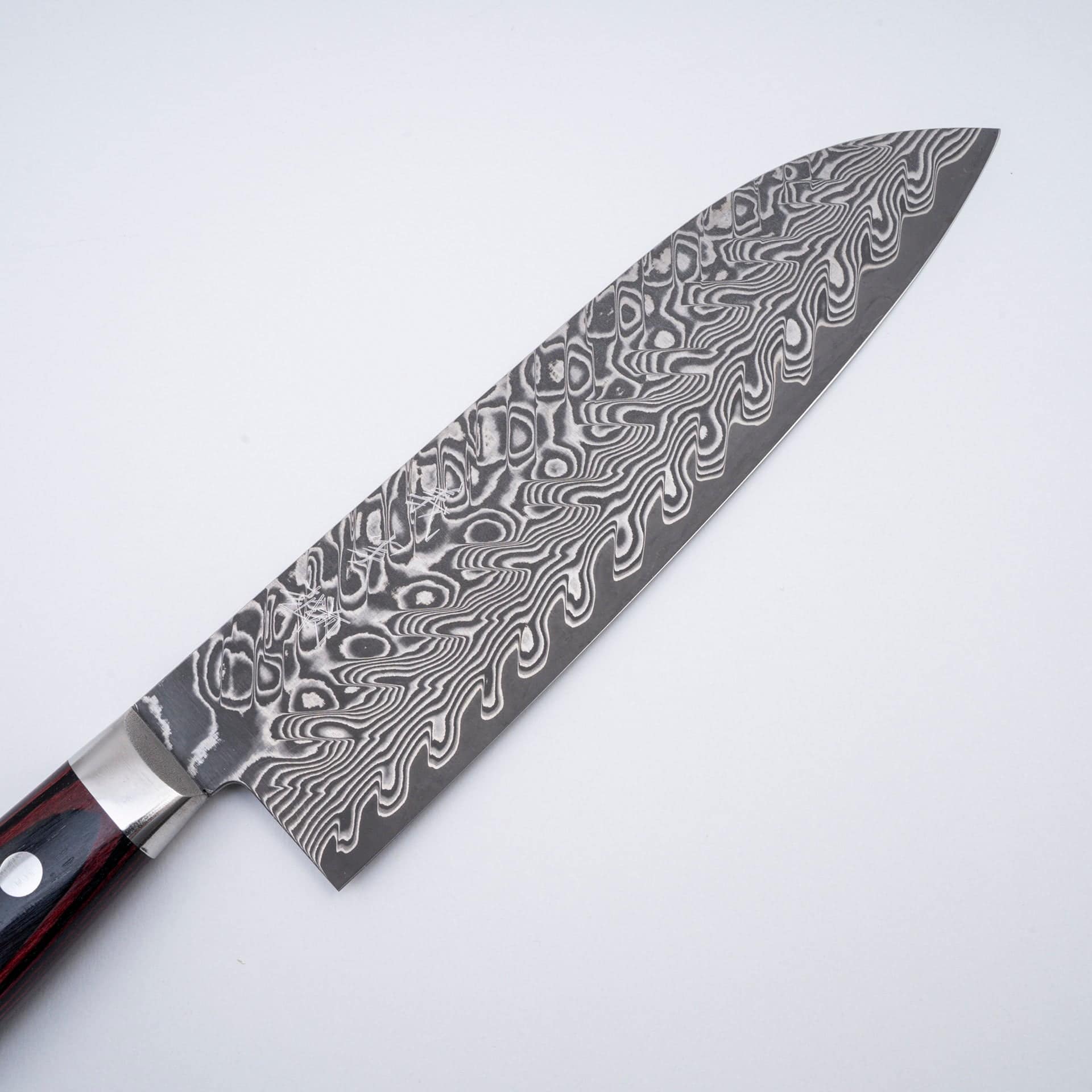 DSC08670.jpg Yoshimi Kato SG2 Etched Black Damascus Santoku 175mm Western Handle, view 2