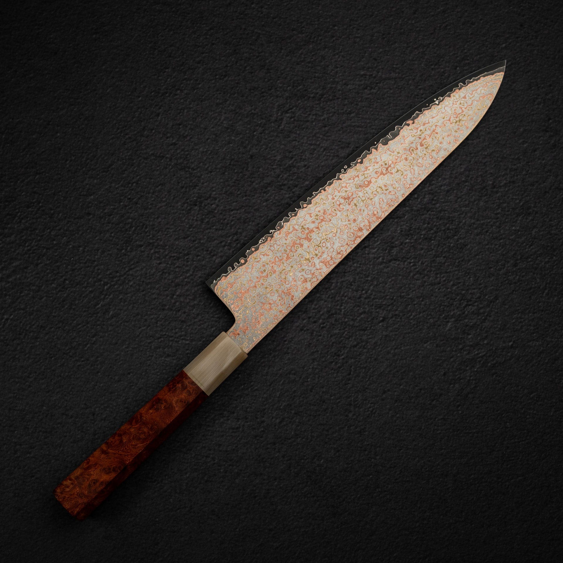 DSC_1834_b89002cd-fed2-4727-b7c3-e3d72de10e7d.jpg Hatsukokoro Hinotori V-Toku 2 Gyuto 240mm Rainbow Damascus Finish, view 7