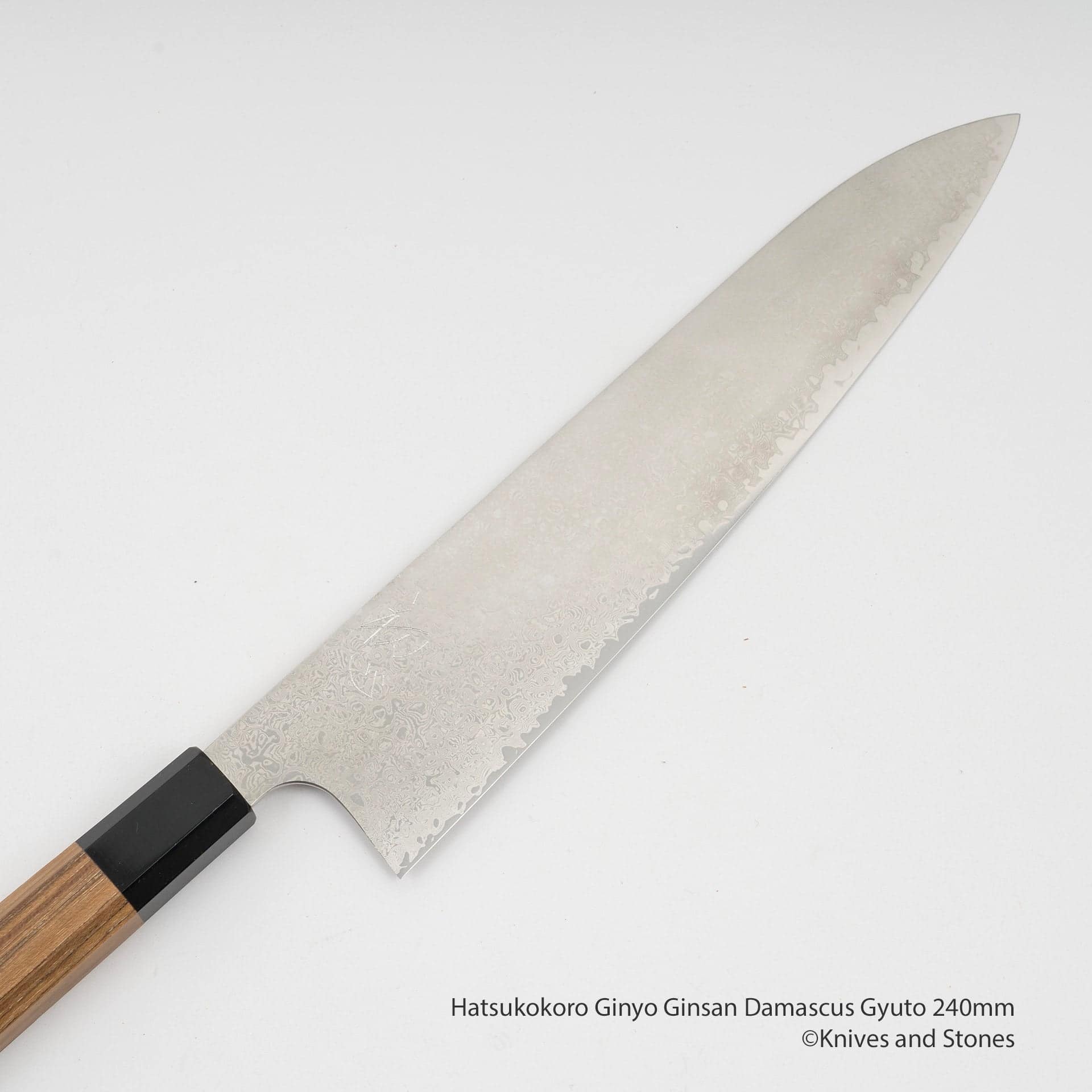 HatsukokoroGinyoGinsanDamascusGyuto240mmF.jpg Hatsukokoro Ginyo Ginsan Damascus Gyuto 240mm, view 2