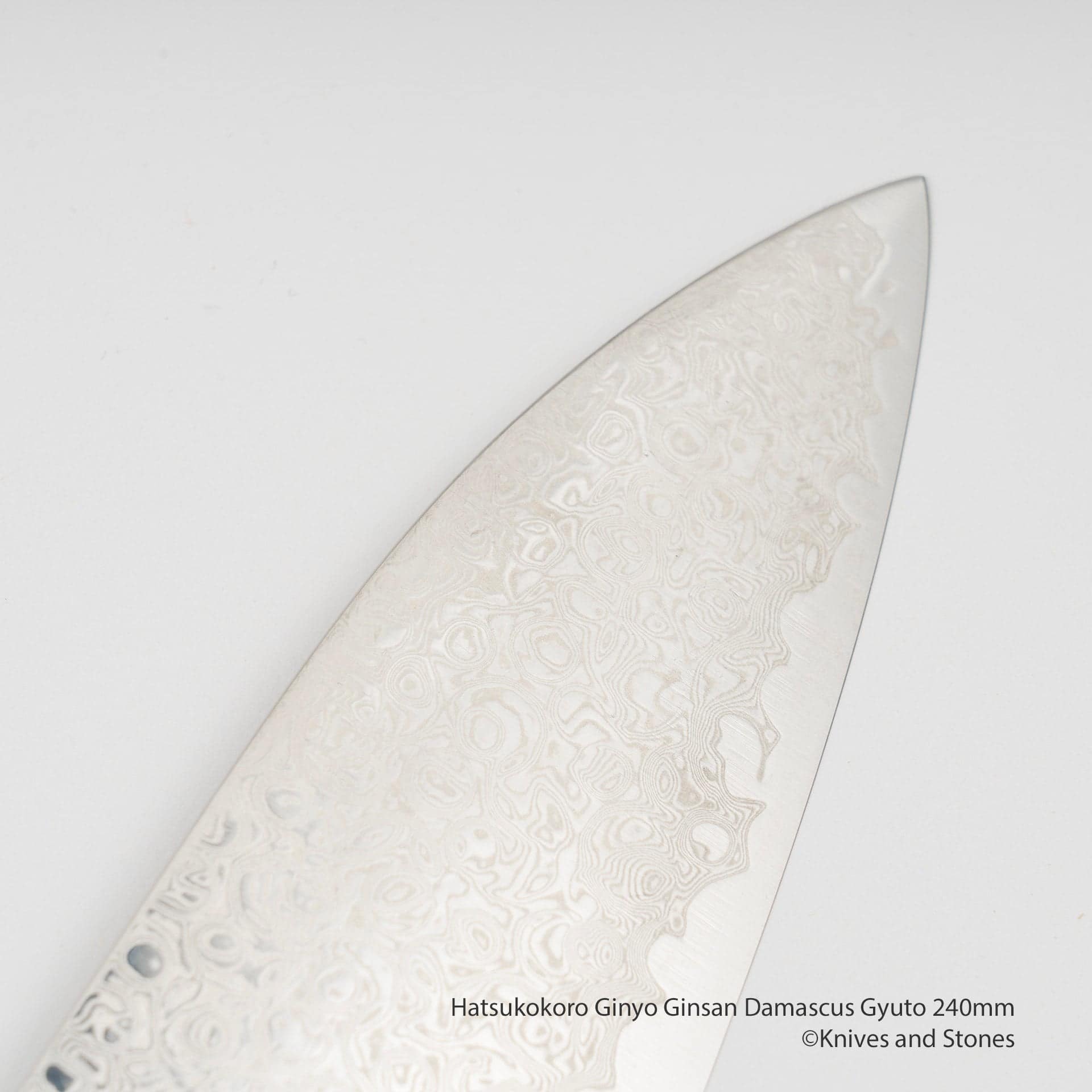 HatsukokoroGinyoGinsanDamascusGyuto240mmI.jpg Hatsukokoro Ginyo Ginsan Damascus Gyuto 240mm, view 3