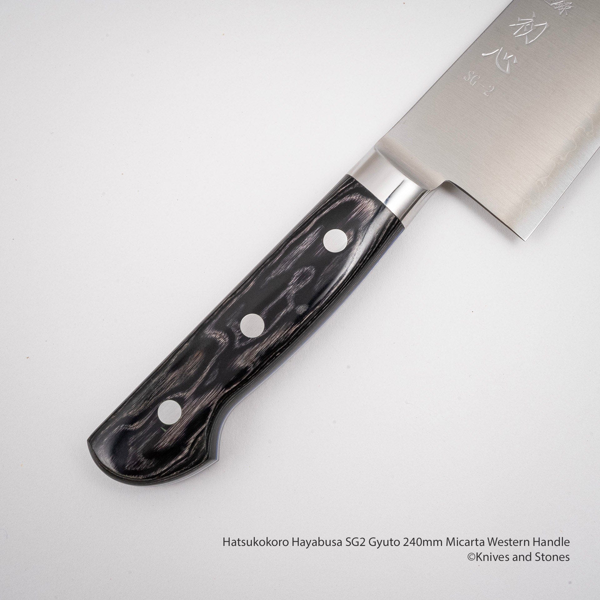 HatsukokoroHayabusaSG2Gyuto240mmMicartaWesternHandleI.jpg Hatsukokoro Hayabusa SG2 Gyuto 240mm Micarta Western Handle, view 4