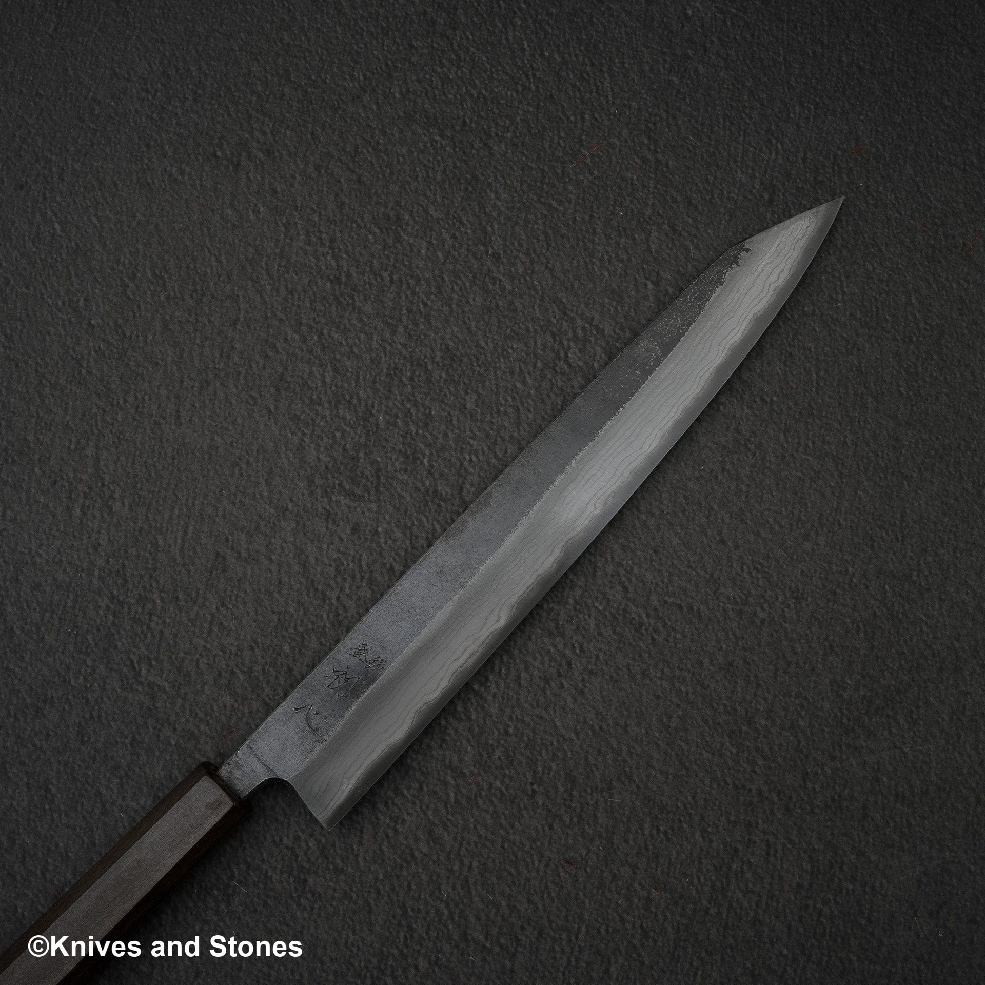 HatsukokoroKumokageBlue2KurouchiDamascusK-tipSujihiki270mmBlackChacateHandle-20240808-04.jpg Hatsukokoro Kumokage Blue 2 Kurouchi Damascus K-tip Sujihiki 255mm Black Chacate Handle, view 3