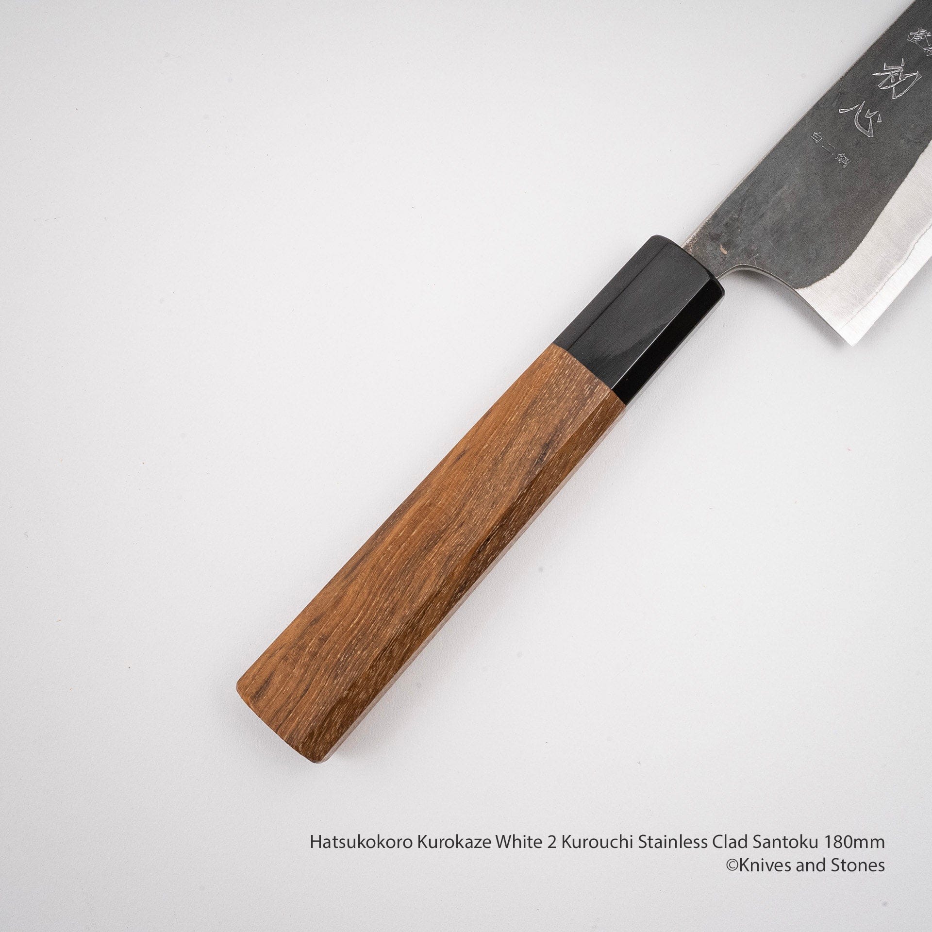 HatsukokoroKurokazeWhite2KurouchiStainlessCladSantoku180mmF.jpg Hatsukokoro Kurokaze White 2 Kurouchi Stainless Clad Santoku 180mm, view 2