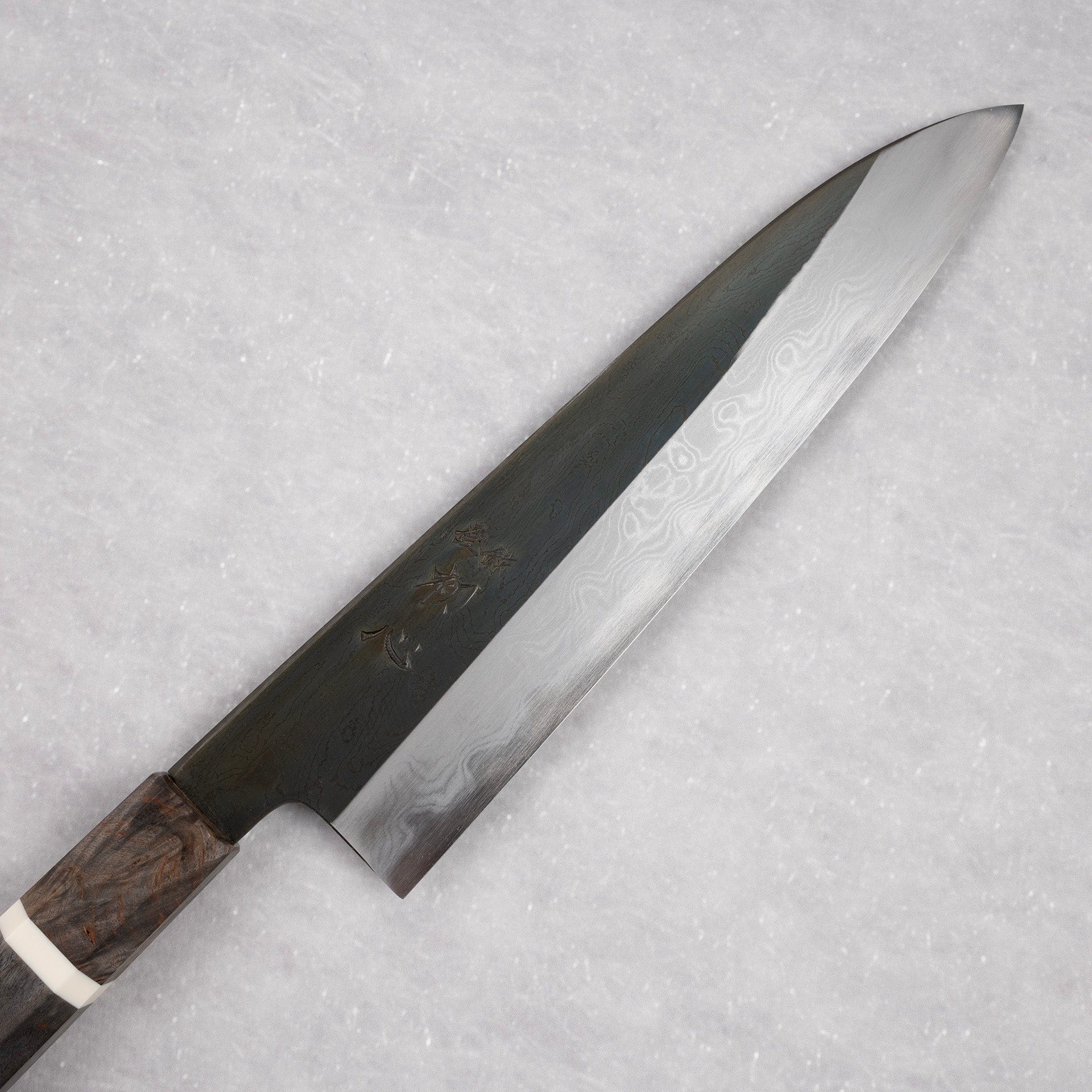 HatsukokoroxSatoshiNakagawaBlue1EtchedBlackDamascusGyuto210mmb.jpg Hatsukokoro x Satoshi Nakagawa Blue 1 Etched Black Damascus Gyuto 210mm, view 2