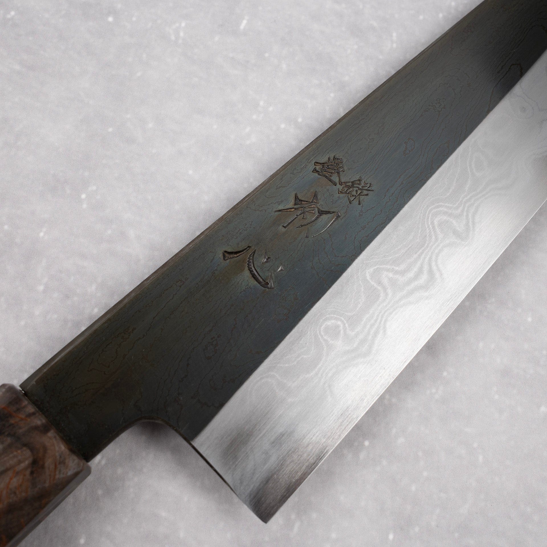 HatsukokoroxSatoshiNakagawaBlue1EtchedBlackDamascusGyuto210mmc.jpg Hatsukokoro x Satoshi Nakagawa Blue 1 Etched Black Damascus Gyuto 210mm, view 3