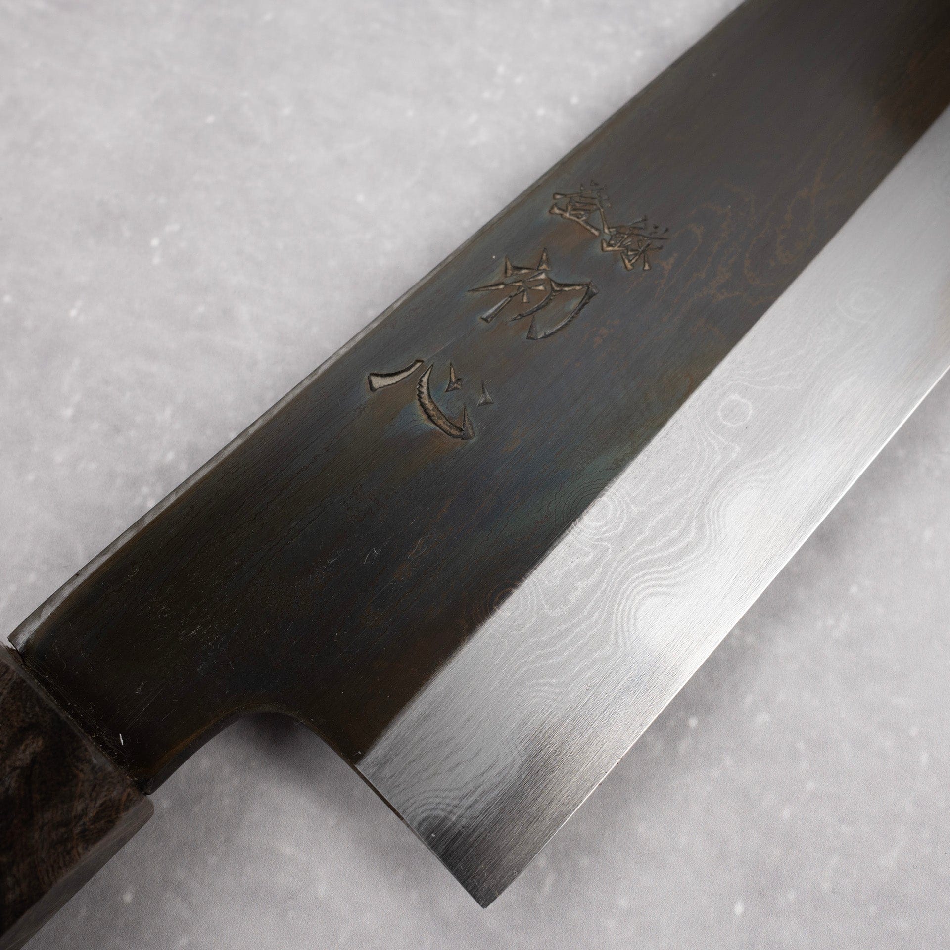 HatsukokoroxSatoshiNakagawaBlue1EtchedBlackDamascusKtipGyuto210mmc.jpg Hatsukokoro x Satoshi Nakagawa Blue 1 Etched Black Damascus K tip Gyuto 210mm, view 3