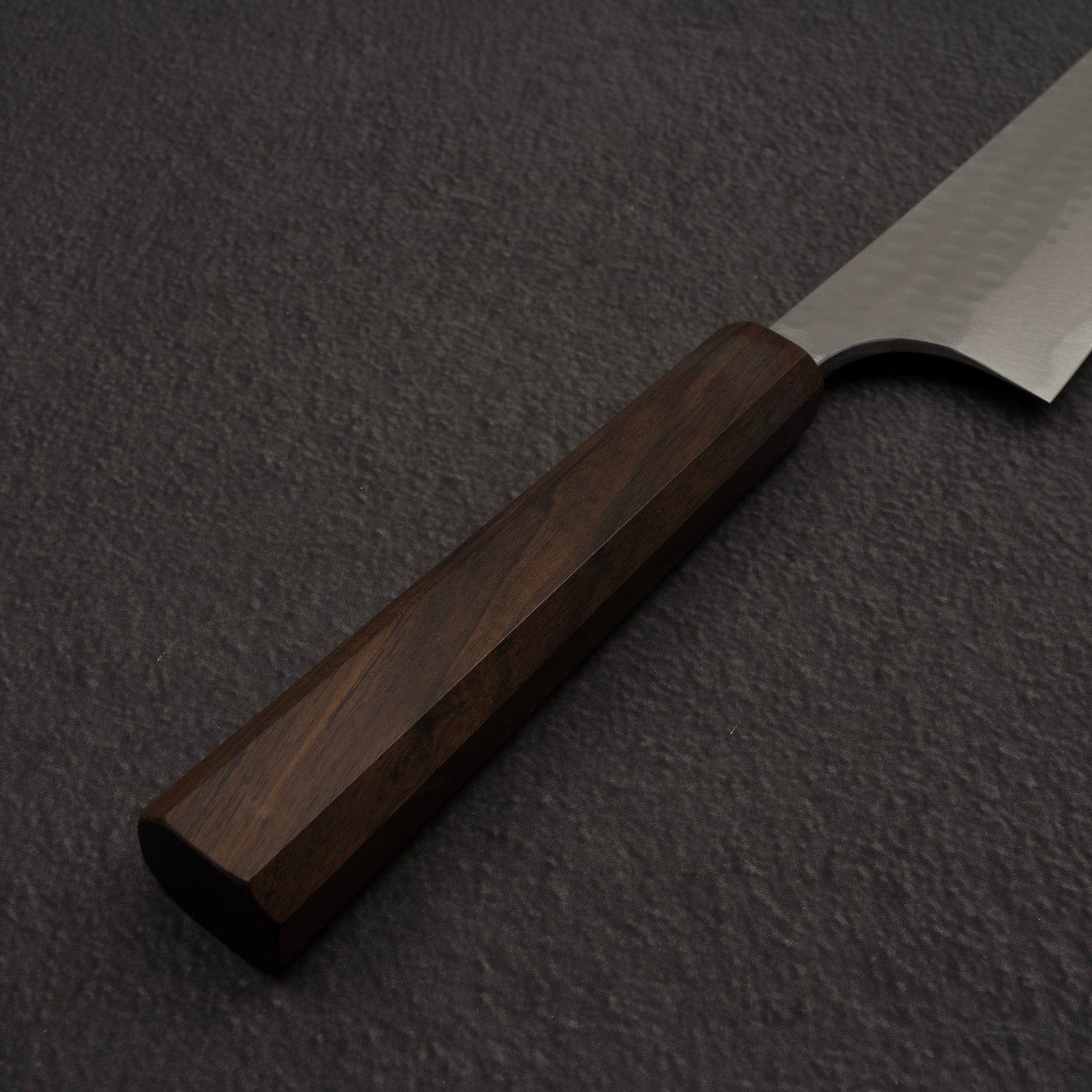 KatsushigeAnryuBlue2TsuchimeStainlessCladGyuto210mmEbonyHandled.jpg Katsushige Anryu Blue 2 Tsuchime Stainless Clad Gyuto 210mm Ebony Handle, view 4