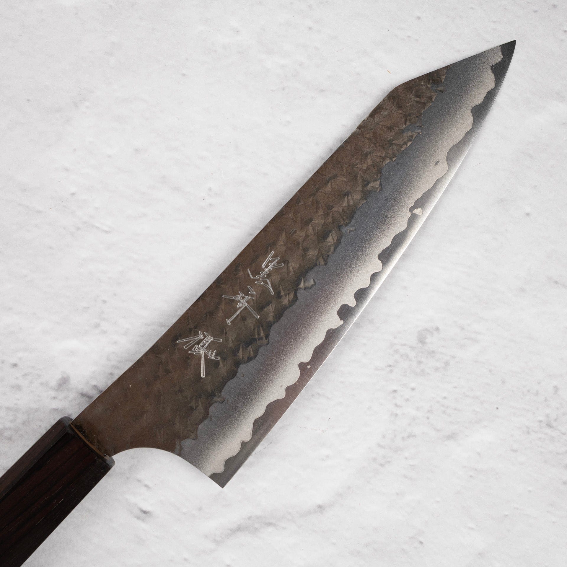 KurosakiKokuseneiAogamiSuperKtipBunka170mmEbonyHandleb.jpg Kurosaki Kokusen Ei Aogami Super K tip Bunka 170mm Ebony Handle, view 2