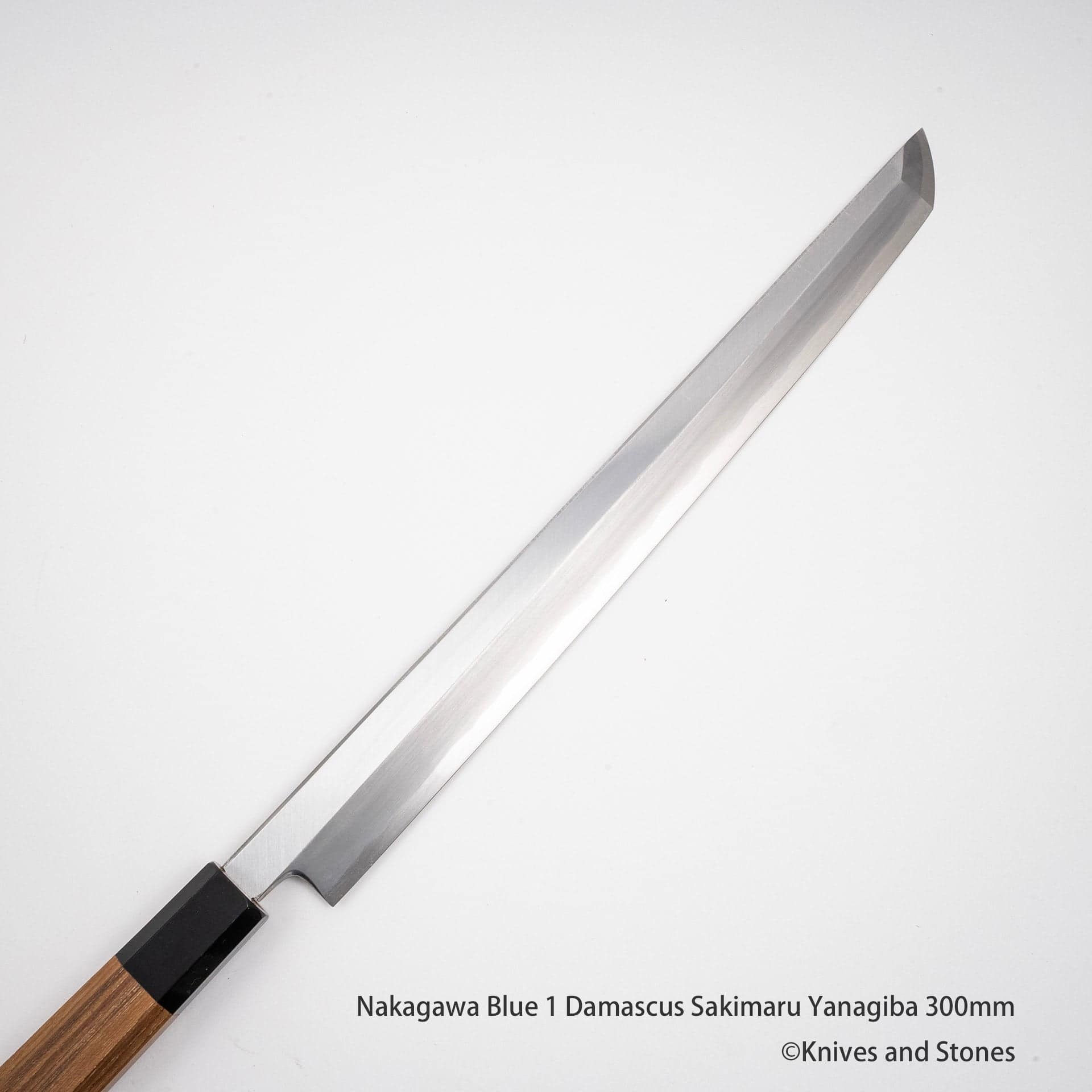 NakagawaBlue1DamascusSakimaruYanagiba300mmG.jpg Nakagawa Blue 1 Kasumi Sakimaru Yanagiba 300/330 mm, view 2