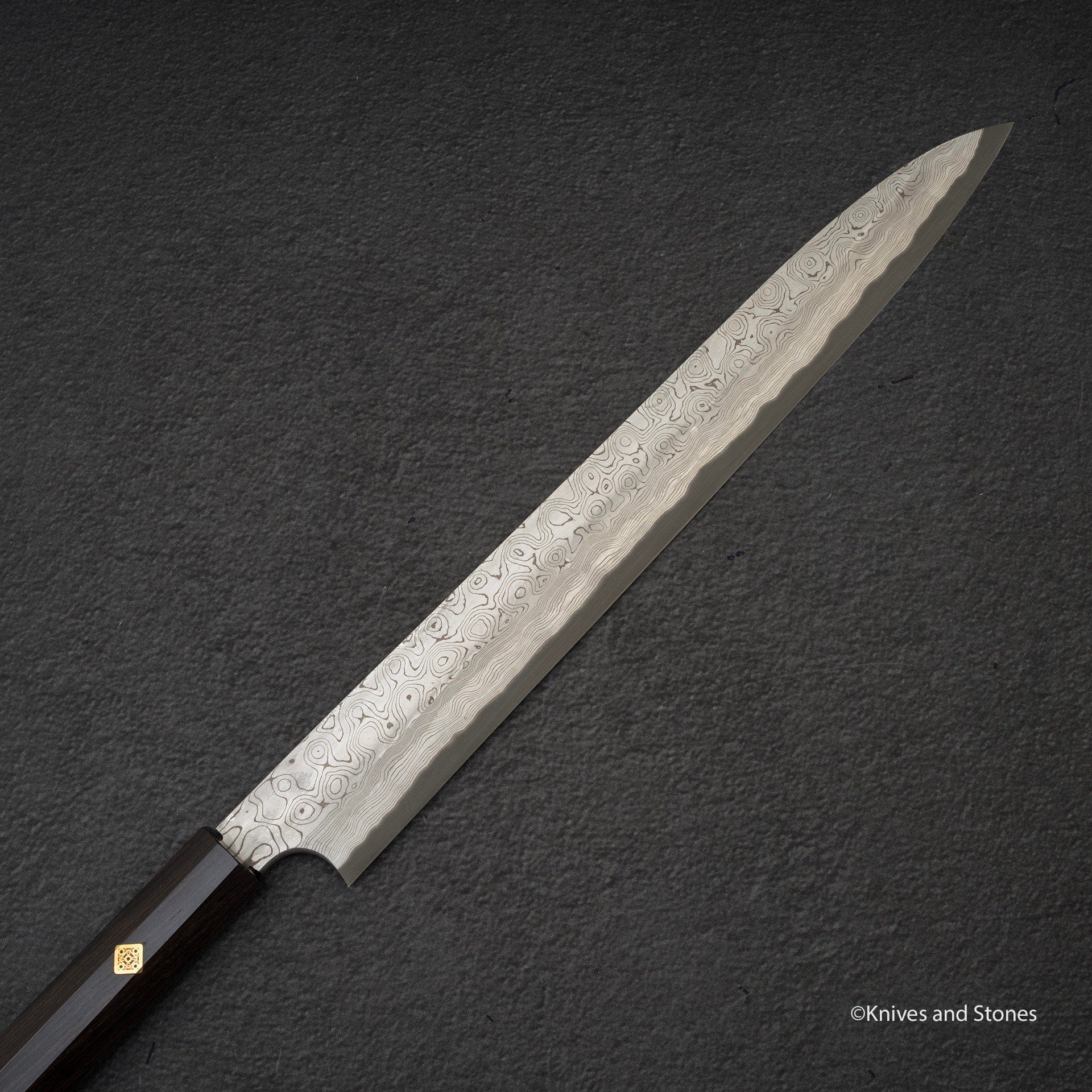 NigaraAnmonBlue2RaindropDamascusYanagiba330mmR.jpg Nigara Anmon Kurozome Blue 2 Damascus Yanagiba 330mm, view 2
