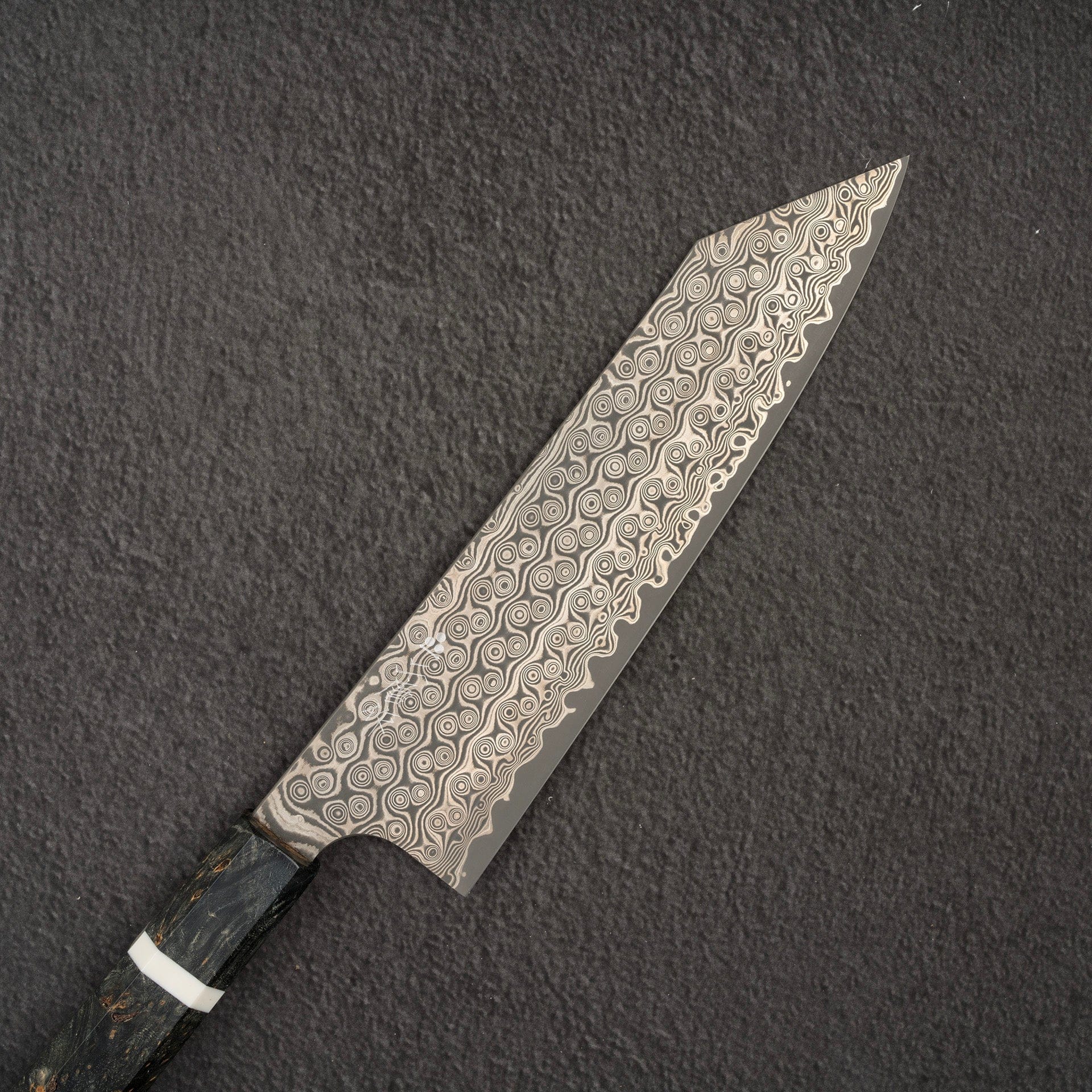 NigaraAnmonSG2KtipGyuto210mmb.jpg Nigara Anmon (暗紋) SG2 Damascus Kiritsuke (K-tip) Gyuto 210mm, view 2