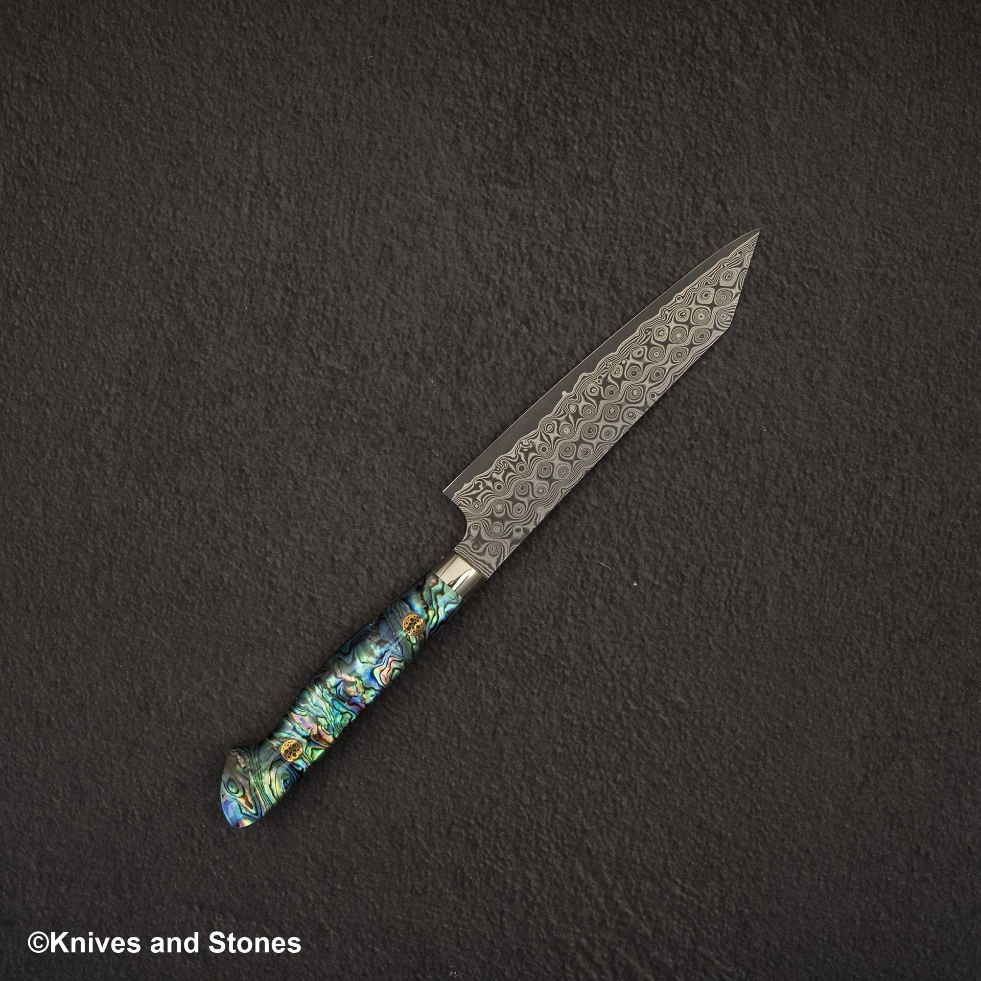 NigaraSG2AnmonDamascusKtipPetty150mmWesternShellHandle-20250313-07.jpg Nigara Anmon (暗紋) SG2 Raindrop Damascus K tip Petty 150mm Mother-of-Pearl Inlay Handle, view 6