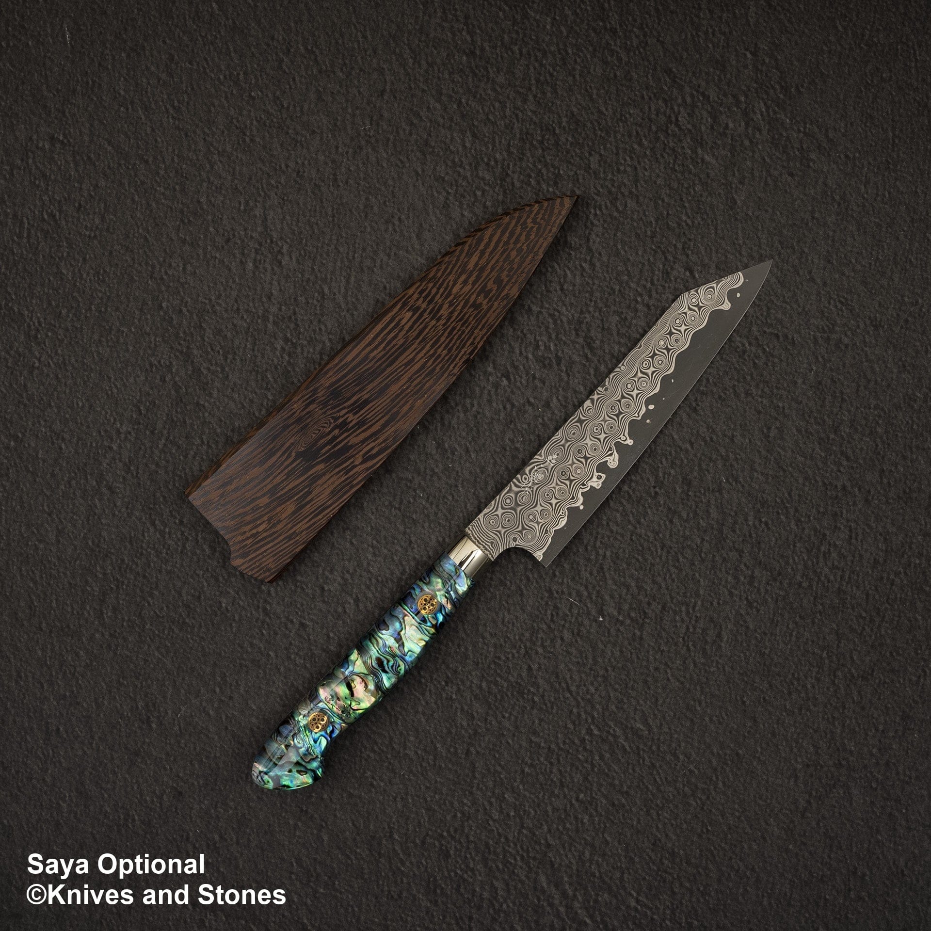 NigaraSG2AnmonDamascusKtipPetty150mmWesternShellHandle-20250313-11.jpg Nigara Anmon (暗紋) SG2 Raindrop Damascus K tip Petty 150mm Mother-of-Pearl Inlay Handle, view 11