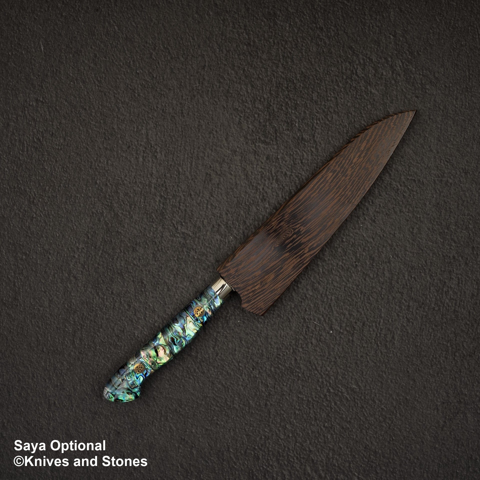 NigaraSG2AnmonDamascusKtipPetty150mmWesternShellHandle-20250313-12.jpg Nigara Anmon (暗紋) SG2 Raindrop Damascus K tip Petty 150mm Mother-of-Pearl Inlay Handle, view 12