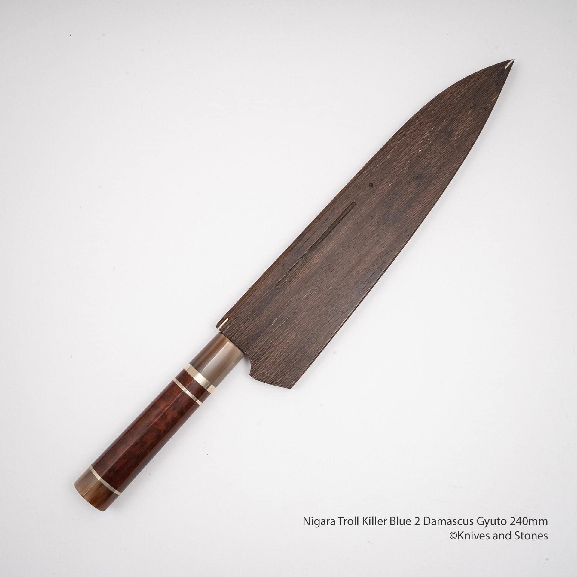NigaraTrollKillerBlue2DamascusGyuto240mmH.jpg Nigara Troll Killer "Onikoroshi" Aogami #2 Damascus 240mm Gyuto, view 2