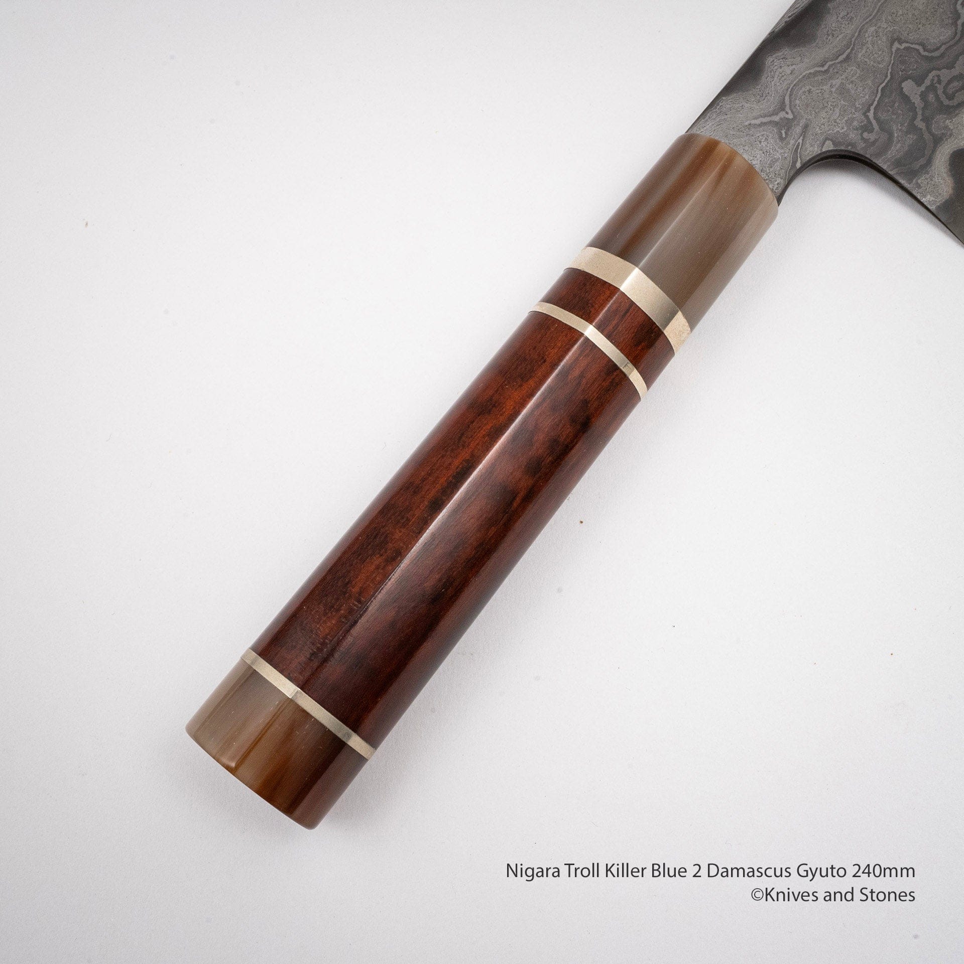 NigaraTrollKillerBlue2DamascusGyuto240mmI.jpg Nigara Troll Killer "Onikoroshi" Aogami #2 Damascus 240mm Gyuto, view 3