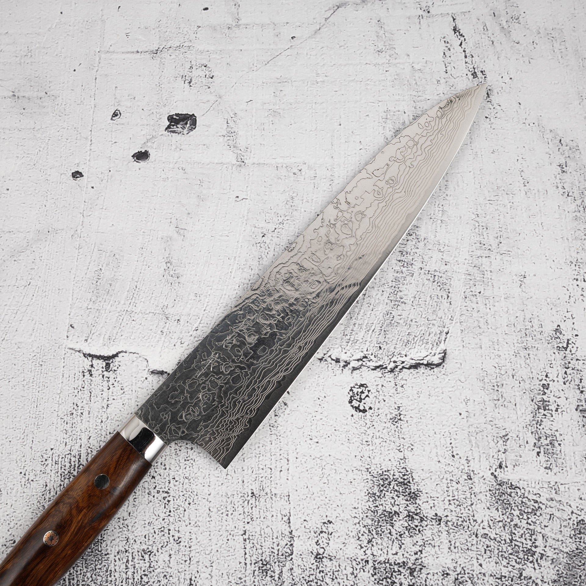SajiDiamondDamascusSG2Gyuto240mmWesternIronwoodmissingsaya-20250801-08.jpg Takeshi Saji Diamond Damascus SG2 Gyuto 240mm Ironwood Handle, view 2