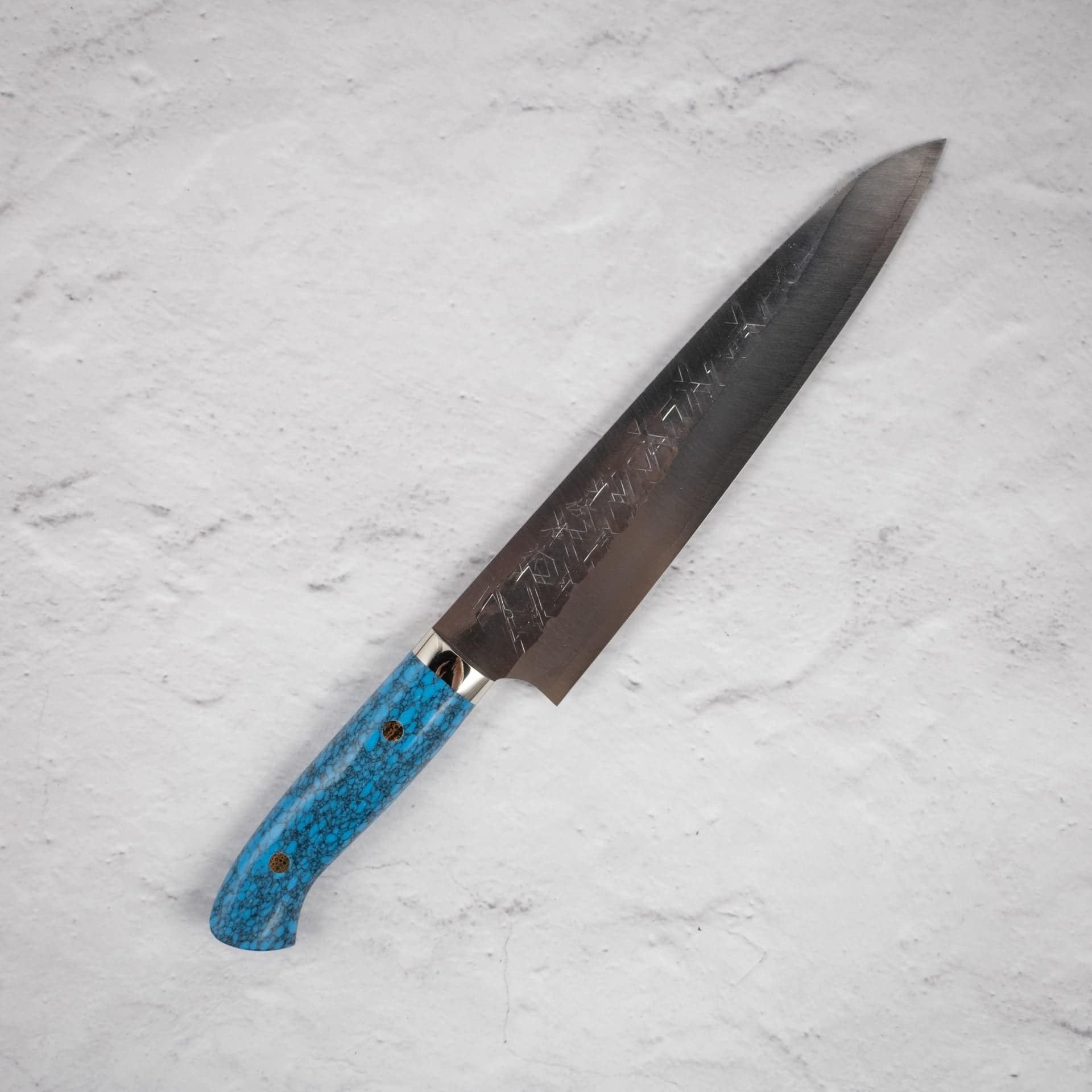 SajiSRS13Gyuto240mmBlueTurquoise-20250509-02.jpg Takeshi Saji SRS13 Gyuto 240mm Western Blue Turquoise with Saya, view 2