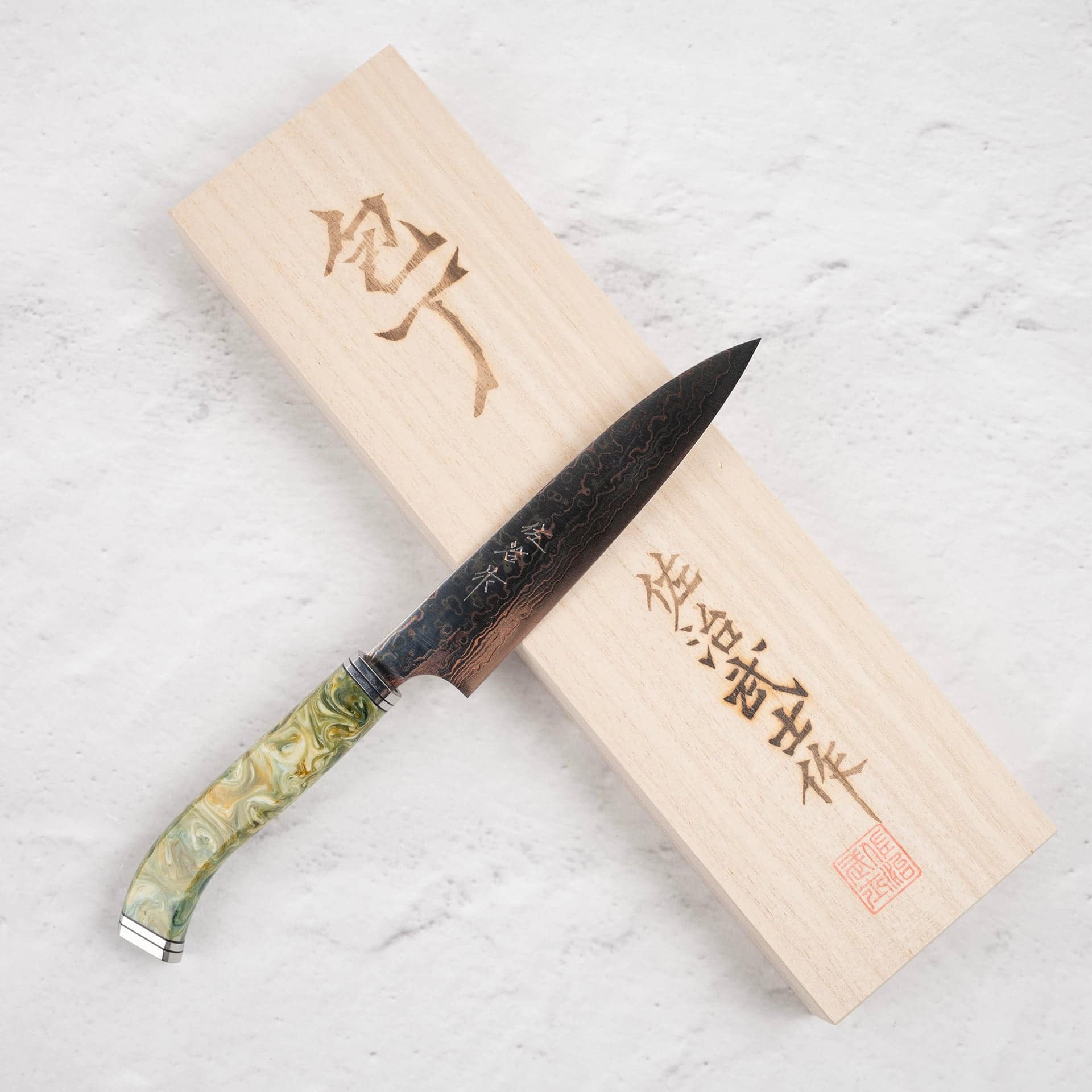 SajiVG10RainbowDamascusPetty135mmCosmoSwirlHandlei.jpg EOFY2025 SPECIAL: Saji VG10 Rainbow Damascus Petty 130mm with Cosmic Swirl Handle, view 2
