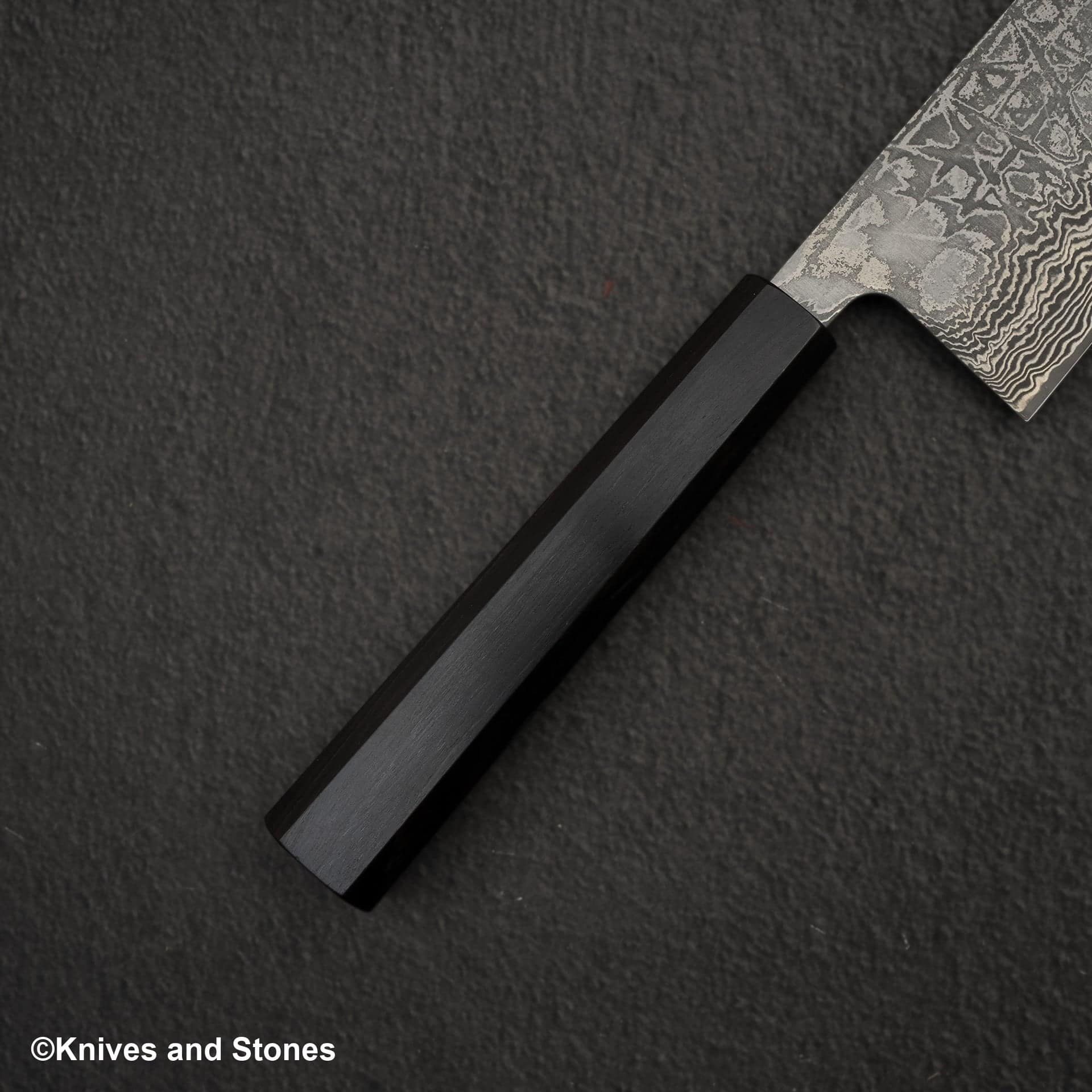 Shiro Kamo Kurokumo SG2 Black Damascus Gyuto 210mm Ebony, view 2