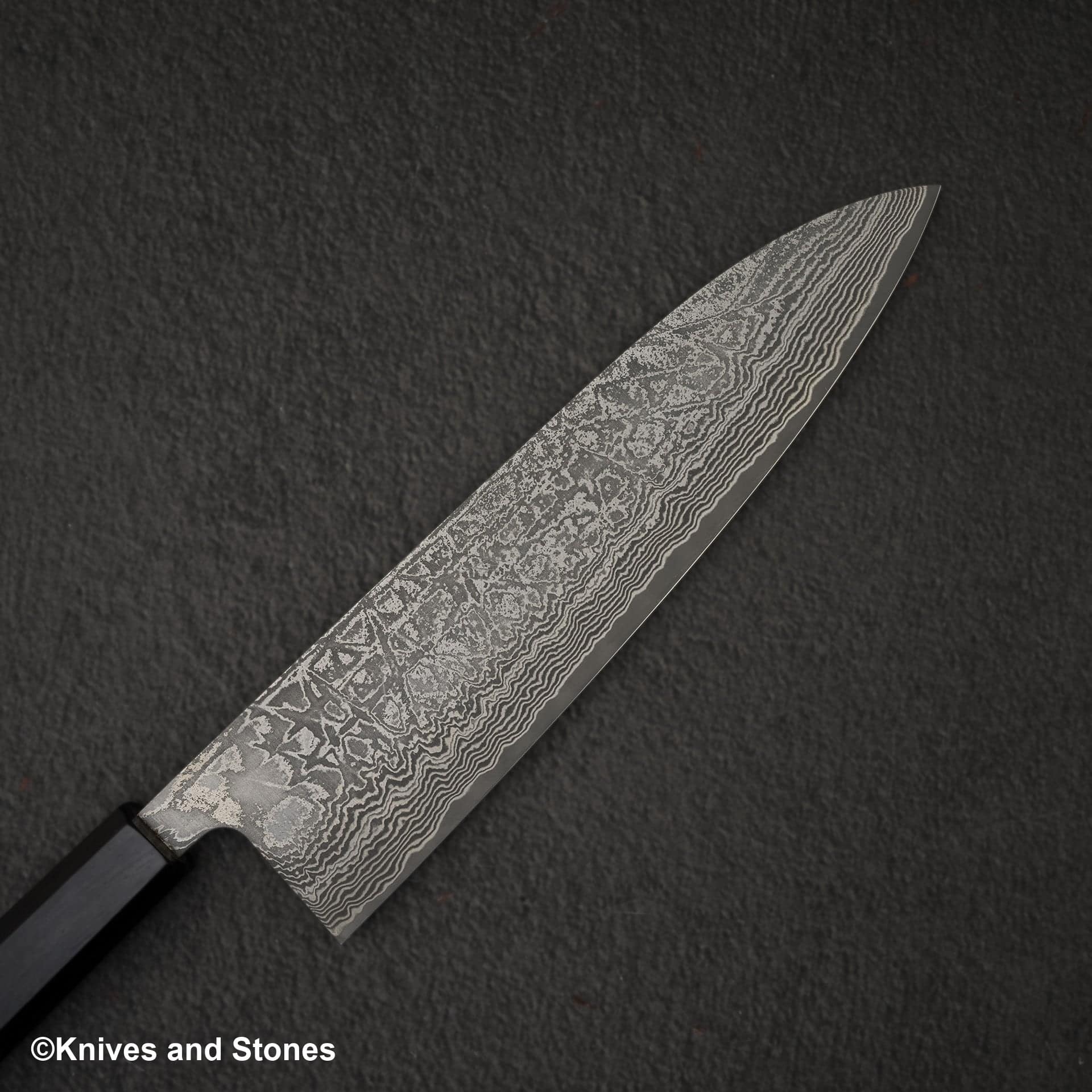 Shiro Kamo Kurokumo SG2 Black Damascus Gyuto 210mm Ebony, view 3