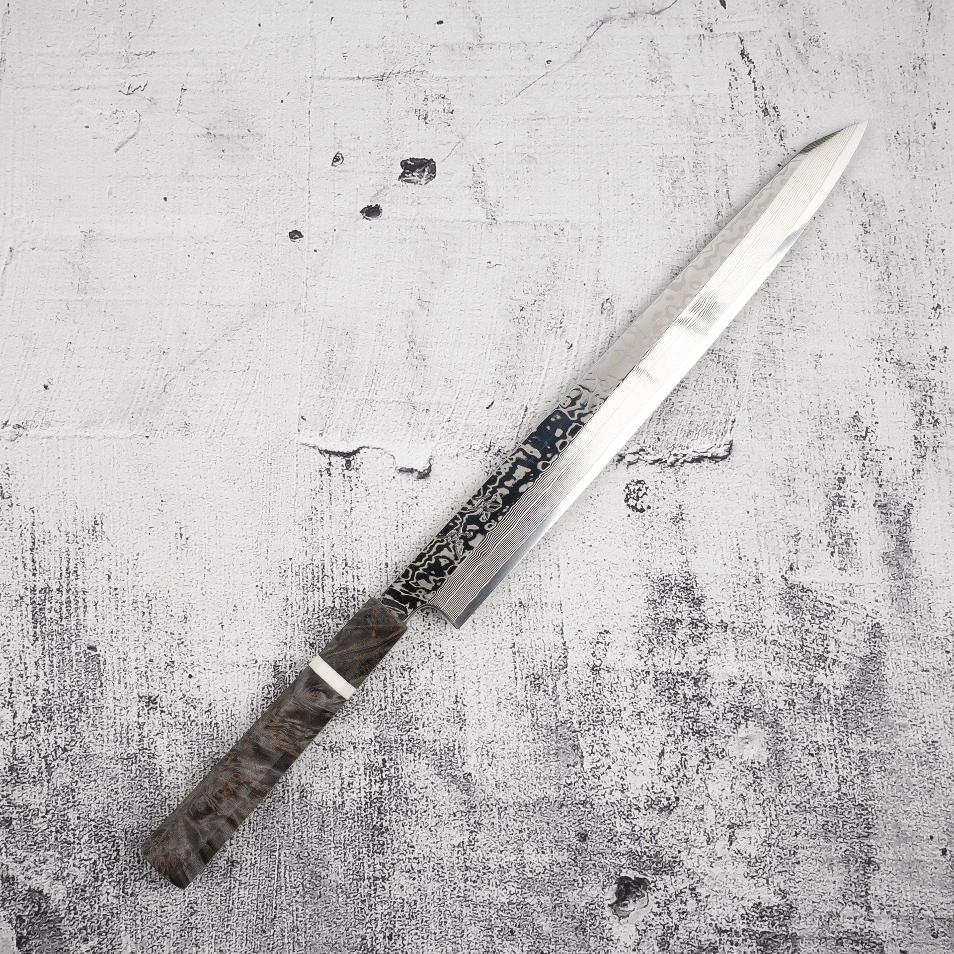 SukenariSG2DamascusK-tipYanagiba300mm-20250724-05.jpg Sukenari SRS-13 Damascus K-tip Yanagiba 300mm Mirror Polish with Saya, view 2