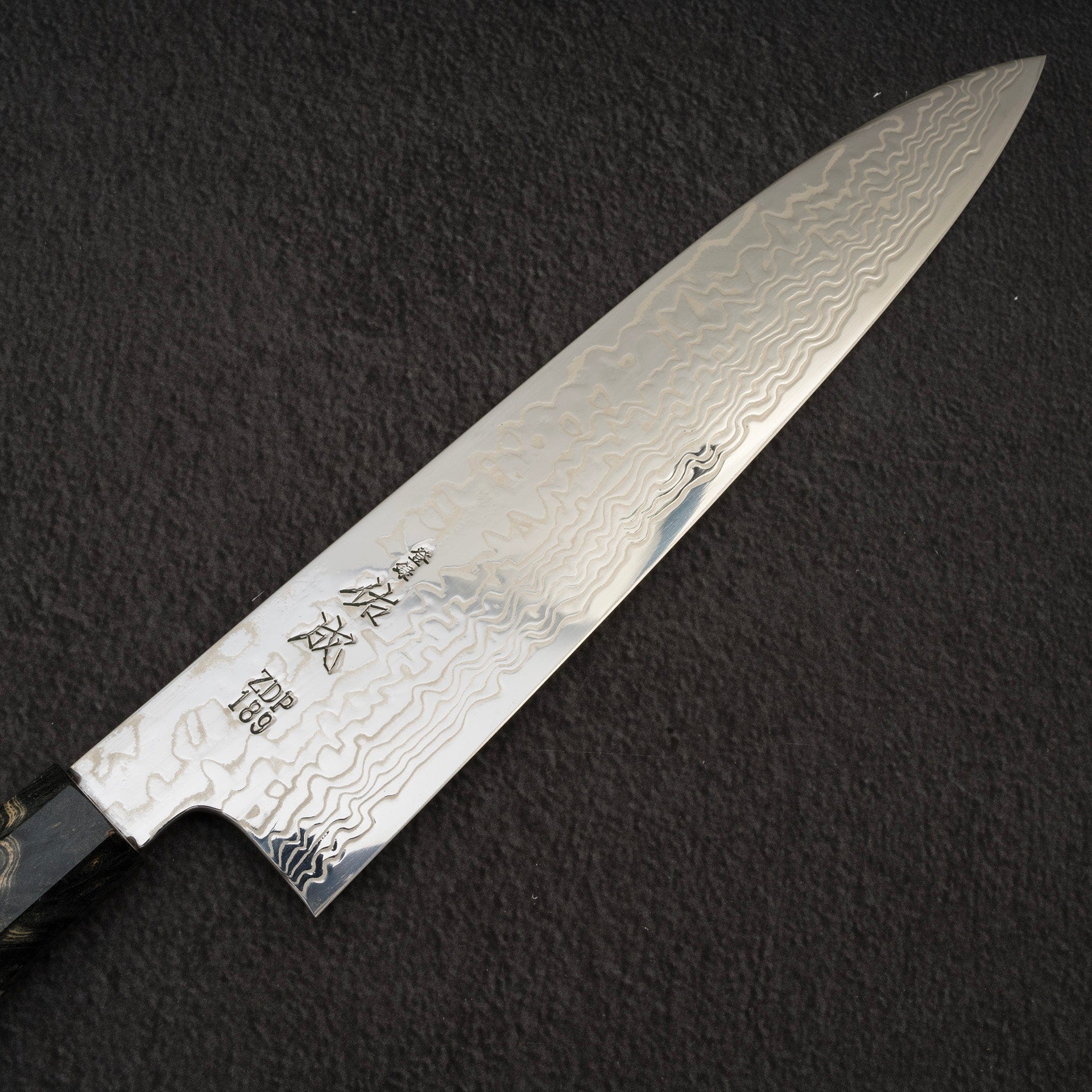 SukenariZDP-189DamascusGyuto270mmb.jpg Sukenari ZDP-189 Damascus Gyuto 270mm Birch Burl Handle, view 2