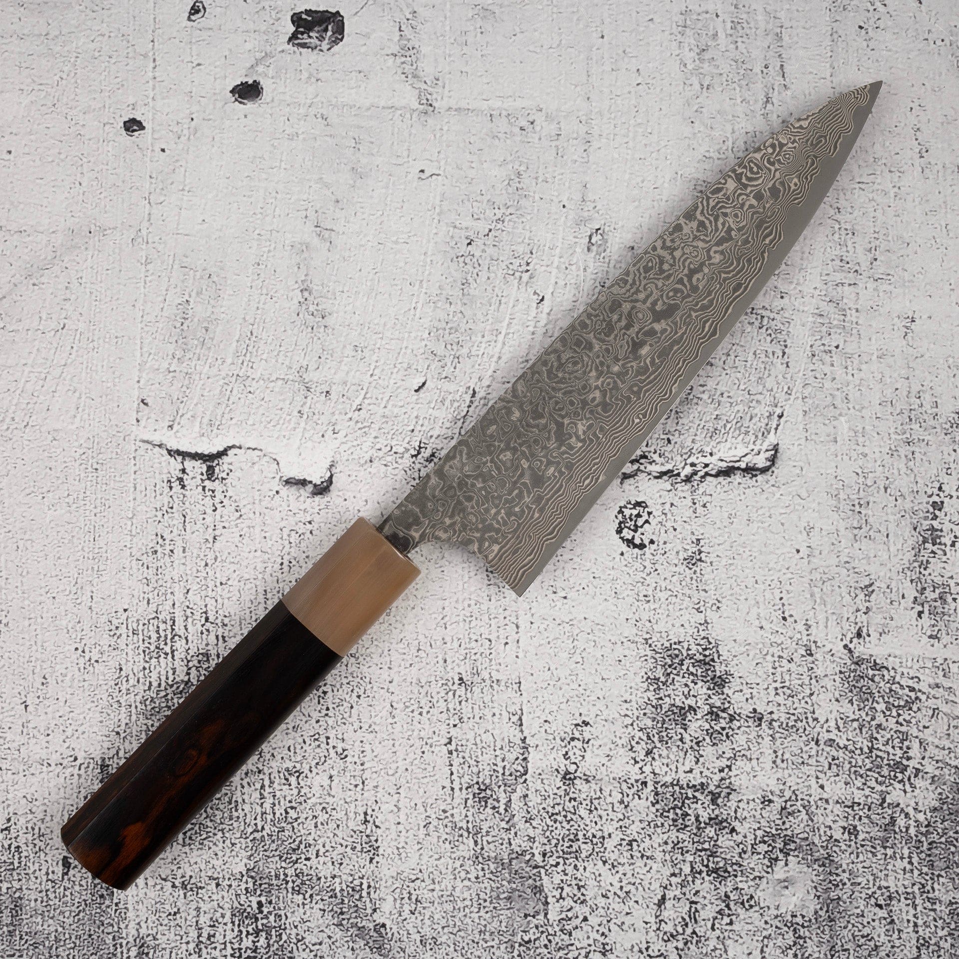 TakeshiSajiSG2BlackDamascusGyuto180mmHeart-shapedIronwoodHandleb.jpg Takeshi Saji SG2 Black Damascus Gyuto 180mm Heart-shaped Ironwood Handle, view 2