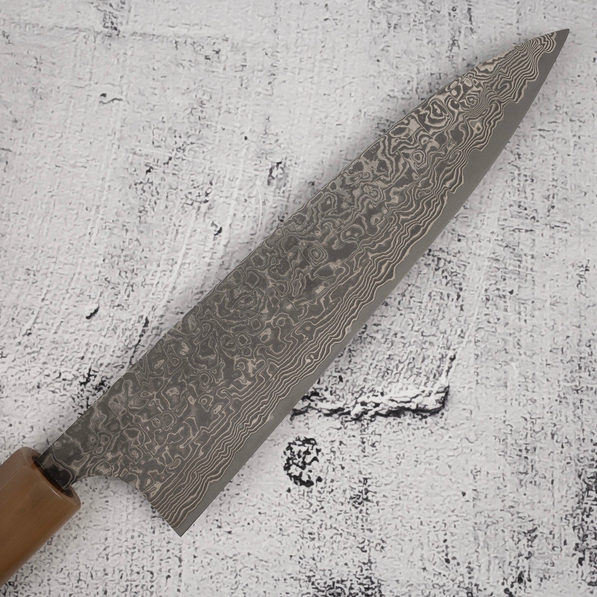 TakeshiSajiSG2BlackDamascusGyuto180mmHeart-shapedIronwoodHandlec.jpg Takeshi Saji SG2 Black Damascus Gyuto 180mm Heart-shaped Ironwood Handle, view 3