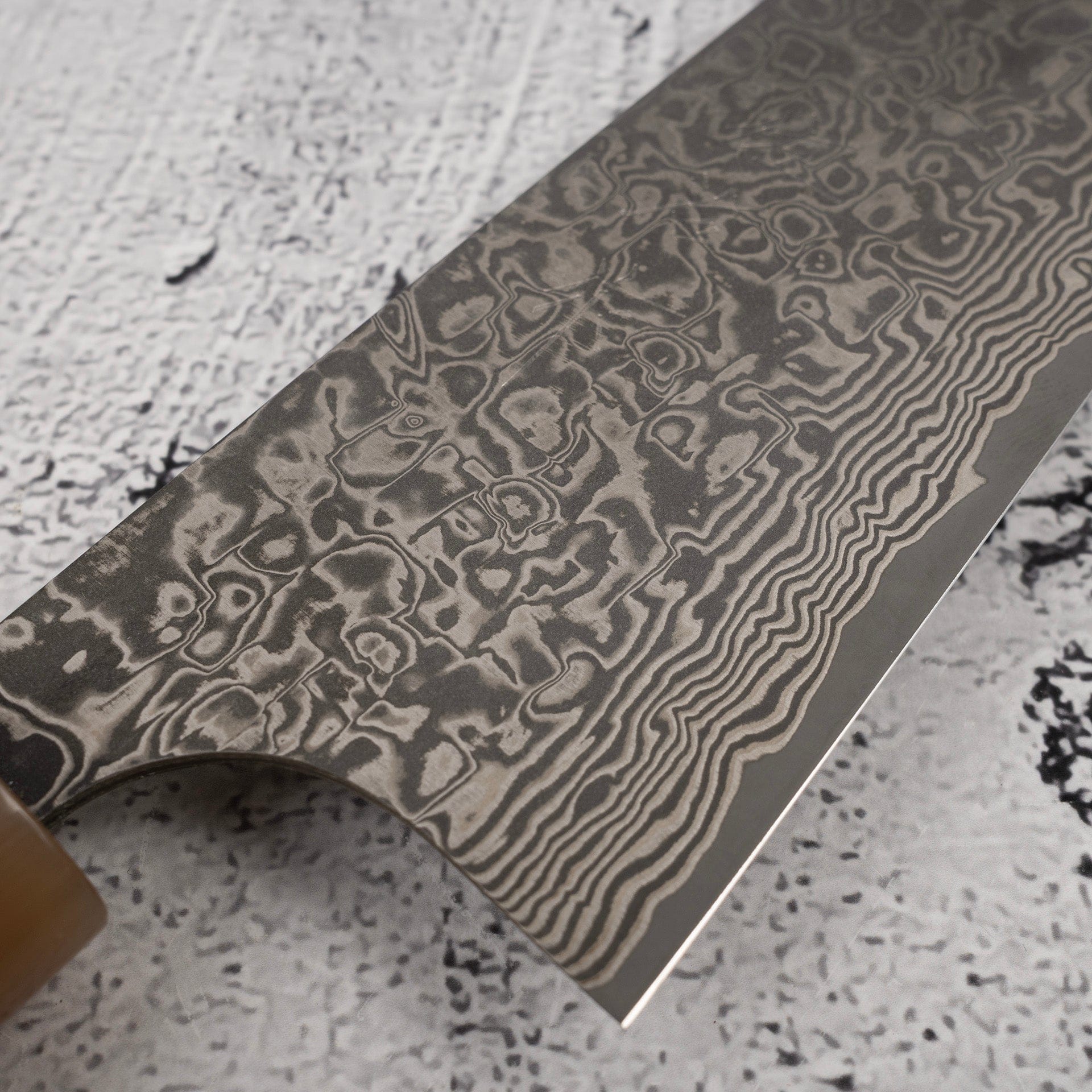 TakeshiSajiSG2BlackDamascusGyuto180mmHeart-shapedIronwoodHandled.jpg Takeshi Saji SG2 Black Damascus Gyuto 180mm Heart-shaped Ironwood Handle, view 4