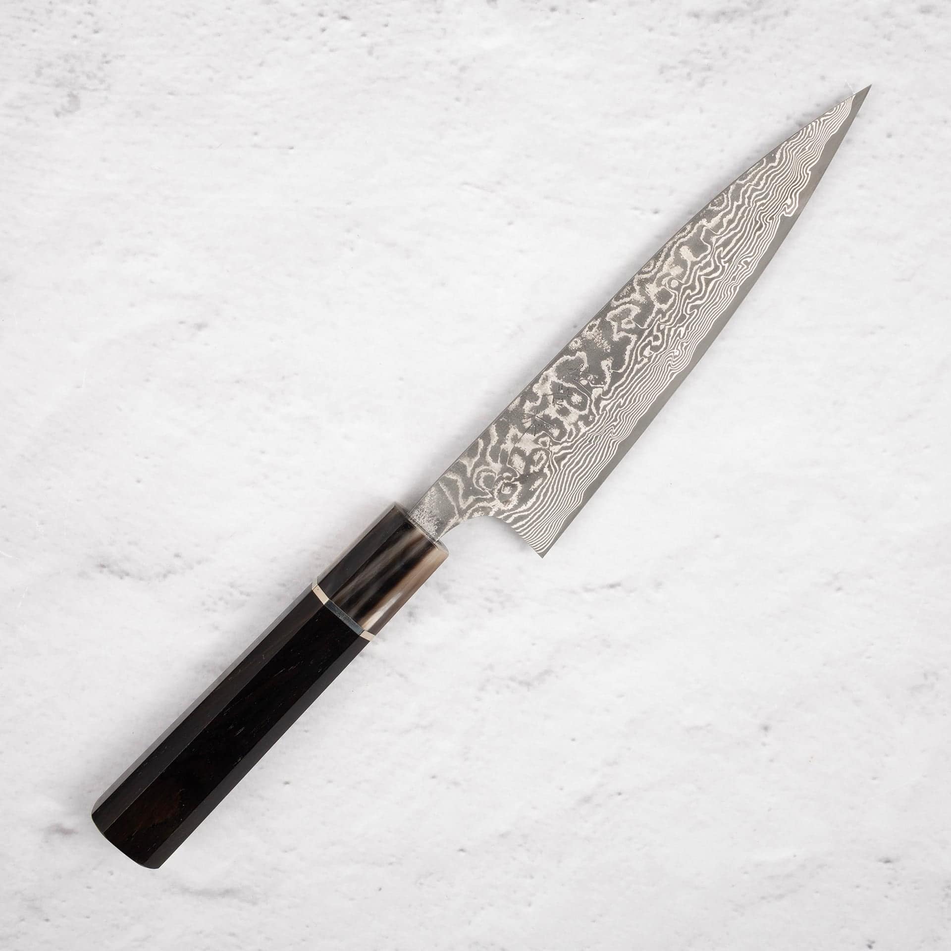 TakeshiSajiSG2BlackDamascusPetty150mma.jpg Takeshi Saji SG2 Black Damascus Petty 150mm, view 2