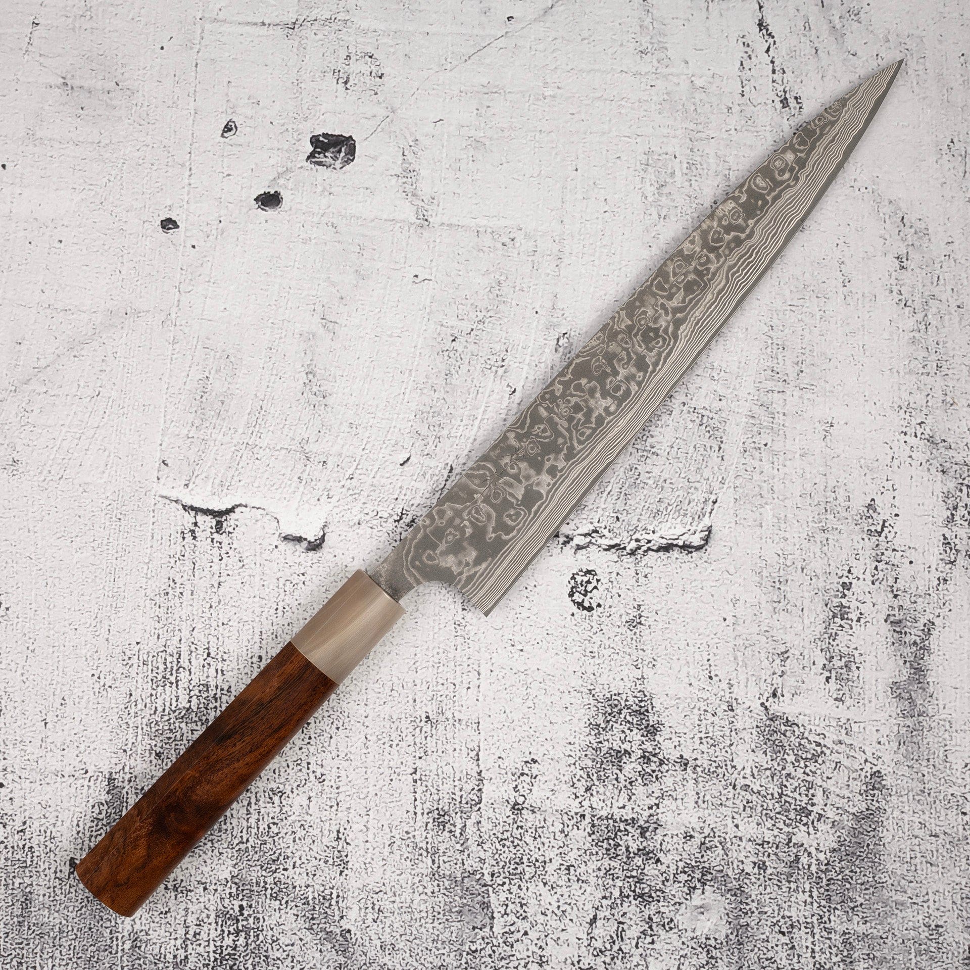 TakeshiSajiSG2BlackDamascusSujihiki240mmHeart-shapedIronwoodHandleb_45721f58-2740-4cb5-b75c-4d14e188a74c.jpg Takeshi Saji SG2 Black Damascus Sujihiki 240mm Heart-shaped Ironwood Handle, view 3