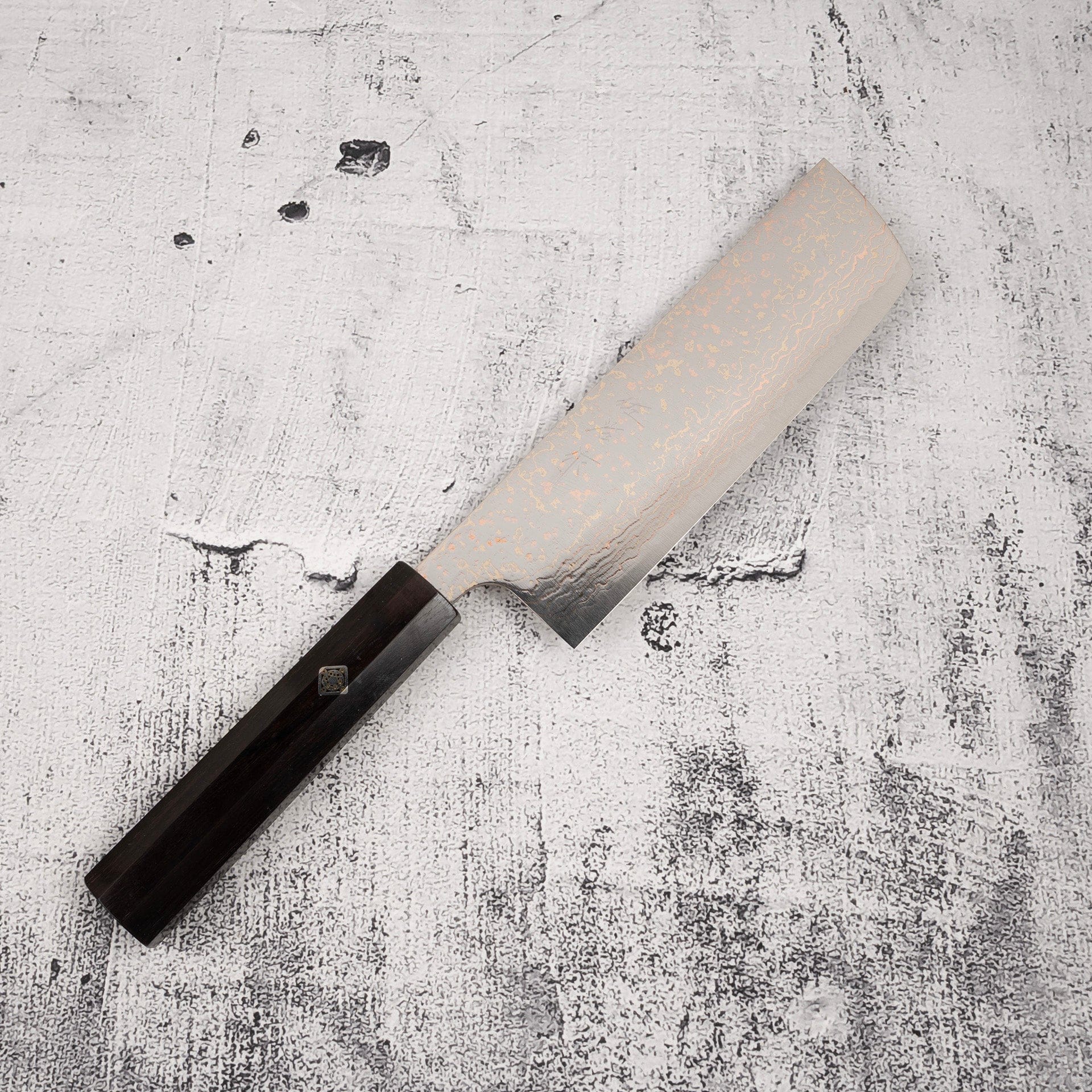 TakeshiSajiVG10RainbowDamascusNakiri165mmEbonyHandleMosaicPinb_24834060-52d9-454e-ad3f-3cdd87d4cfef.jpg Takeshi Saji VG10 Rainbow Damascus Nakiri 165mm Ebony Handle Mosaic Pin, view 3