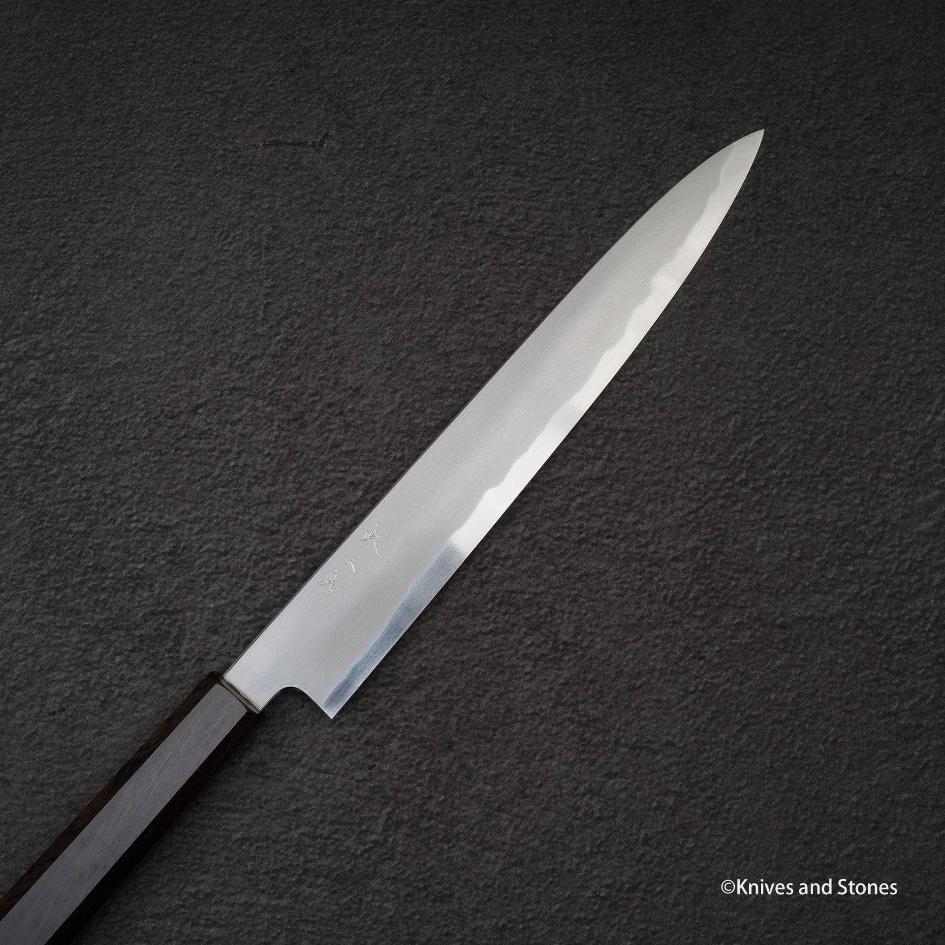 TetsujinBlue2KasumiSujihiki240mmG.jpg Tetsujin Blue 2 Kasumi Sujihiki 240mm Ebony Handle, view 3