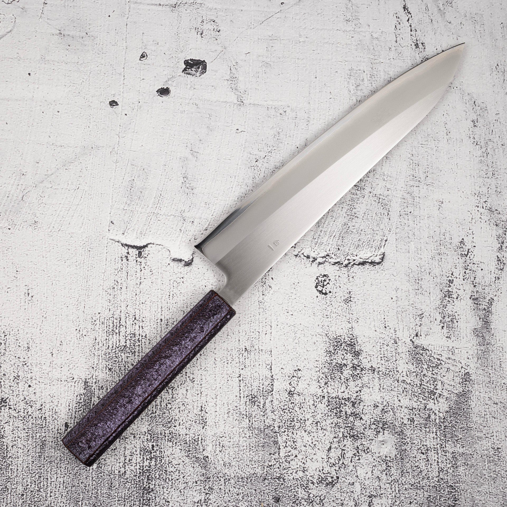 TsunehisaWhite1SSCladKasumiGyuto240mmPurpleHandlee_1144bb26-88f8-40ca-a230-95b5b1527e32.jpg Tsunehisa White 1 S/S Clad Kasumi Gyuto 240mm Purple Handle, view 5