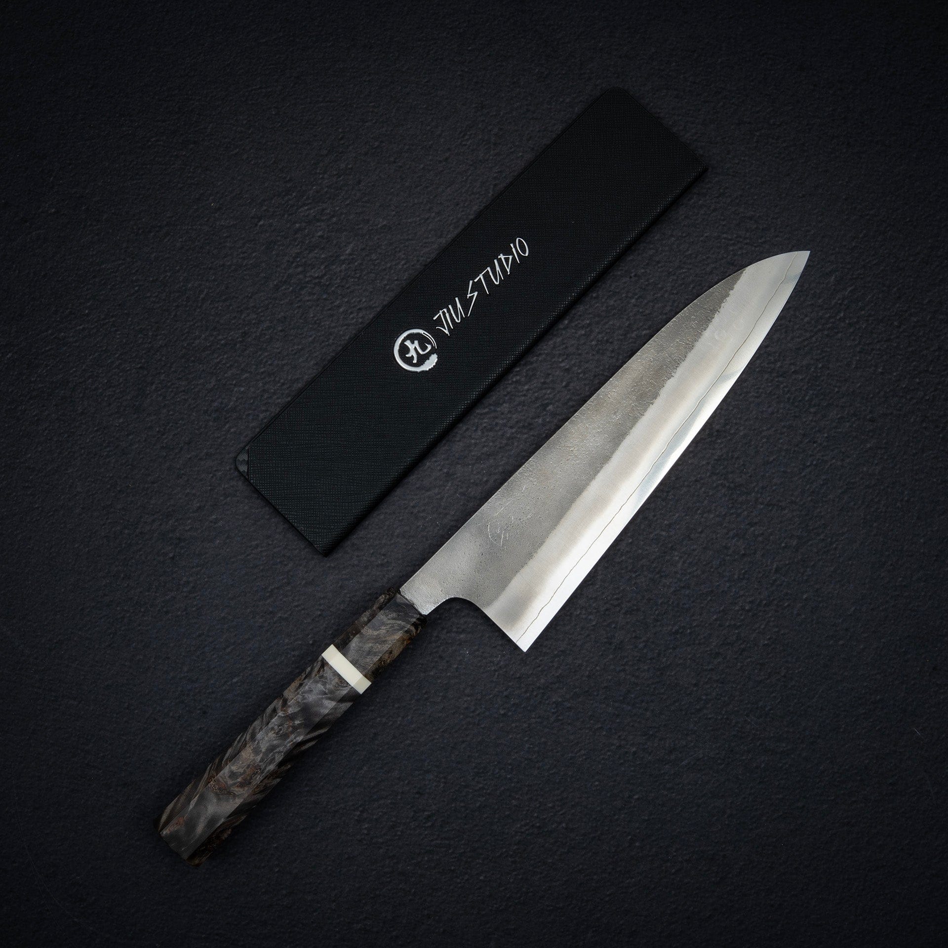 Hatsukokoro x Yoshikane SKD Nashiji Gyuto 210mm Extra Tall, Stablized Burl Handle