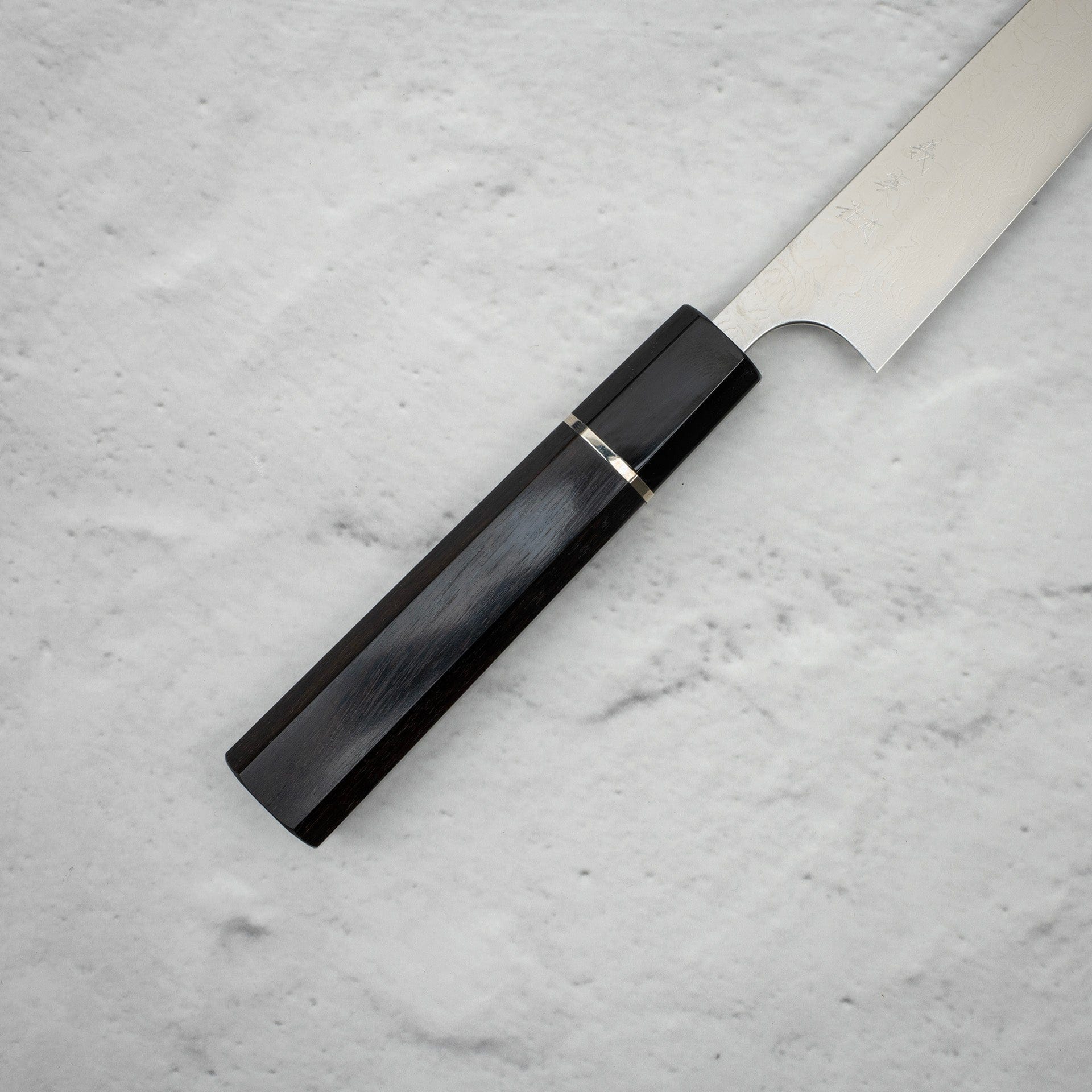 YoshimiKatoSG2MirrorDamascusPetty150mmEbonyHandleb.jpg Yoshimi Kato SG2 Mirror Damascus Petty 150mm Ebony Handle, view 3