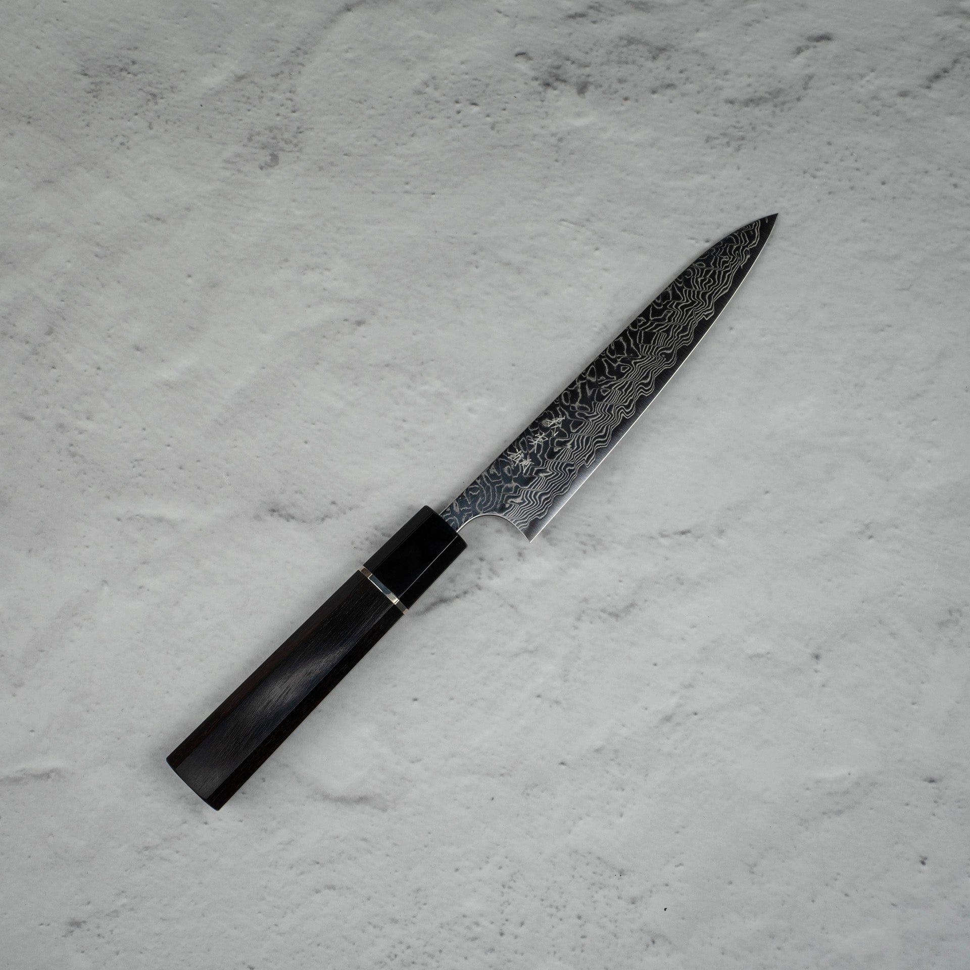 YoshimiKatoSG2MirrorDamascusPetty150mmEbonyHandlei.jpg Yoshimi Kato SG2 Mirror Damascus Petty 150mm Ebony Handle, view 2