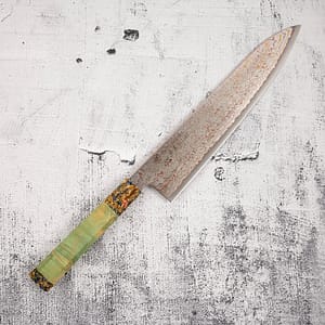 Hatsukokoro Kujaku V-Toku-2 Gyuto 240mm Rainbow Damascus Finish Green
